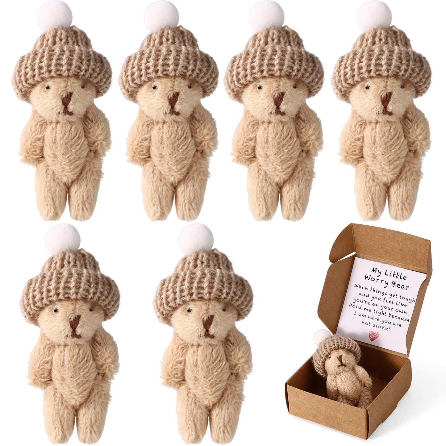 TOYMIS 6 Sets Handmade Mini Plush Bears in Boxes | Worry Bear with Encouragement Cards
