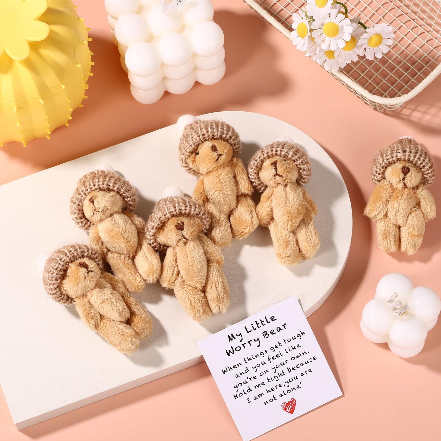 TOYMIS 6 Sets Handmade Mini Plush Bears in Boxes | Worry Bear with Encouragement Cards