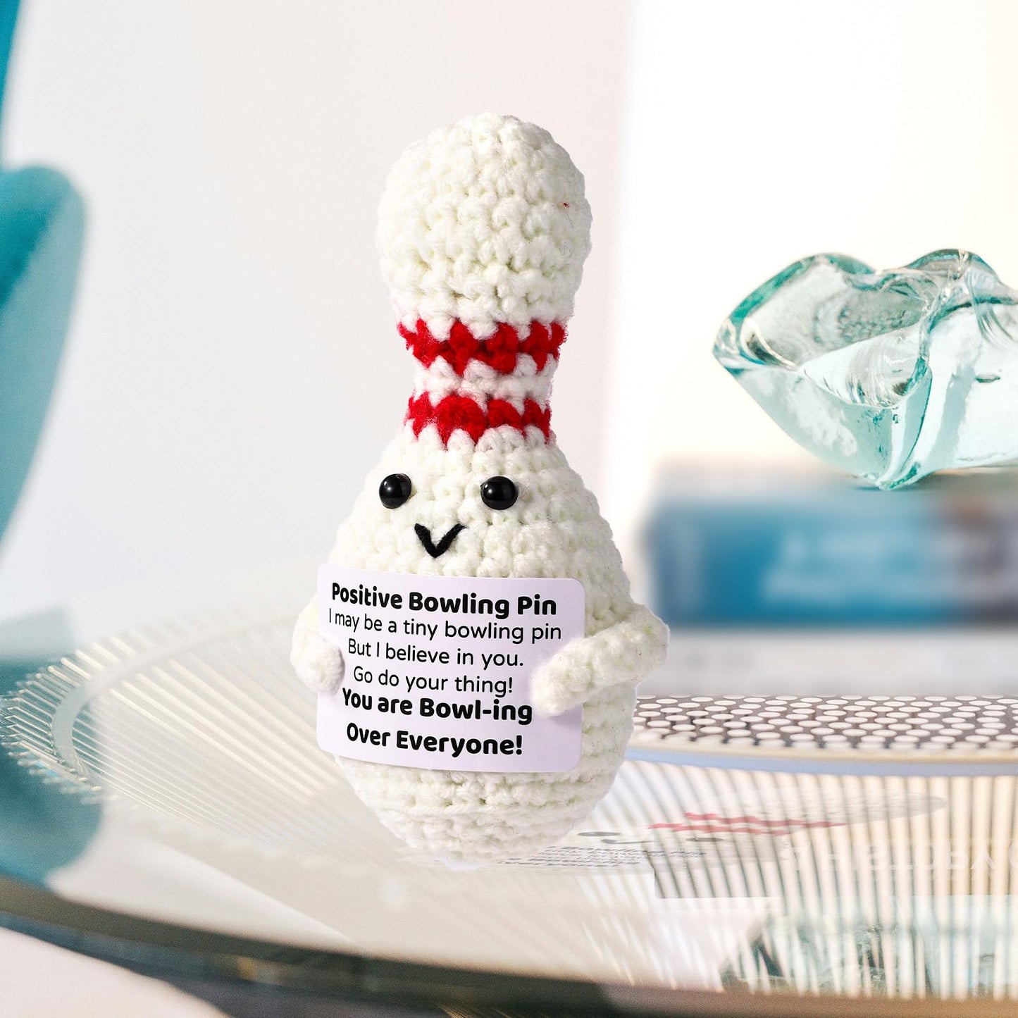 TOYMIS Crochet Bowling Ball Plush — Cute Knitted Toy with Encouraging Card