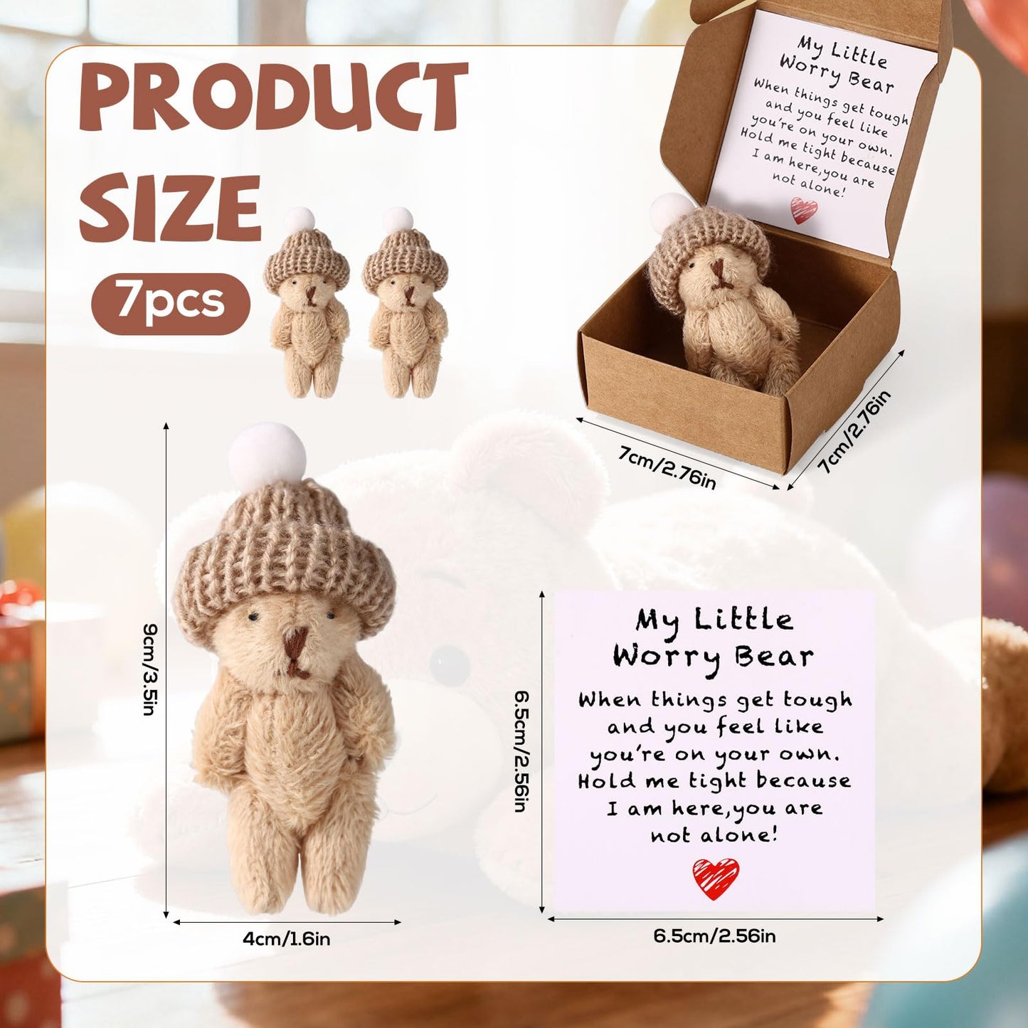 TOYMIS 7 Sets Mini Plush Bear – Handmade Brown Bear in Box with Encouraging Card | Desk Decor Gift