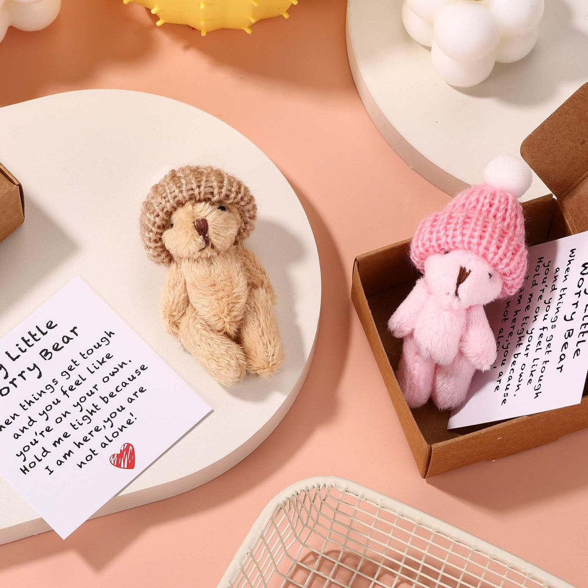 TOYMIS 2 Sets Little Worry Bear in Box with Hat – Plush Pocket Bears with Encouraging Cards (Khaki & Pink)