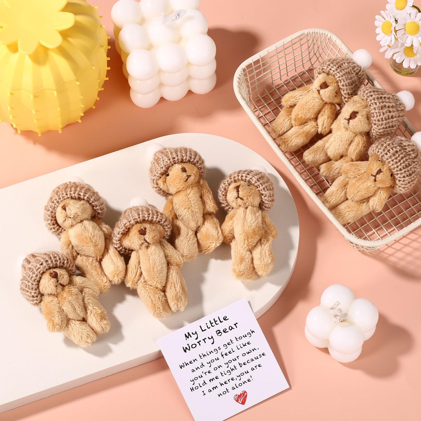 TOYMIS 7 Sets Mini Plush Bear – Handmade Brown Bear in Box with Encouraging Card | Desk Decor Gift