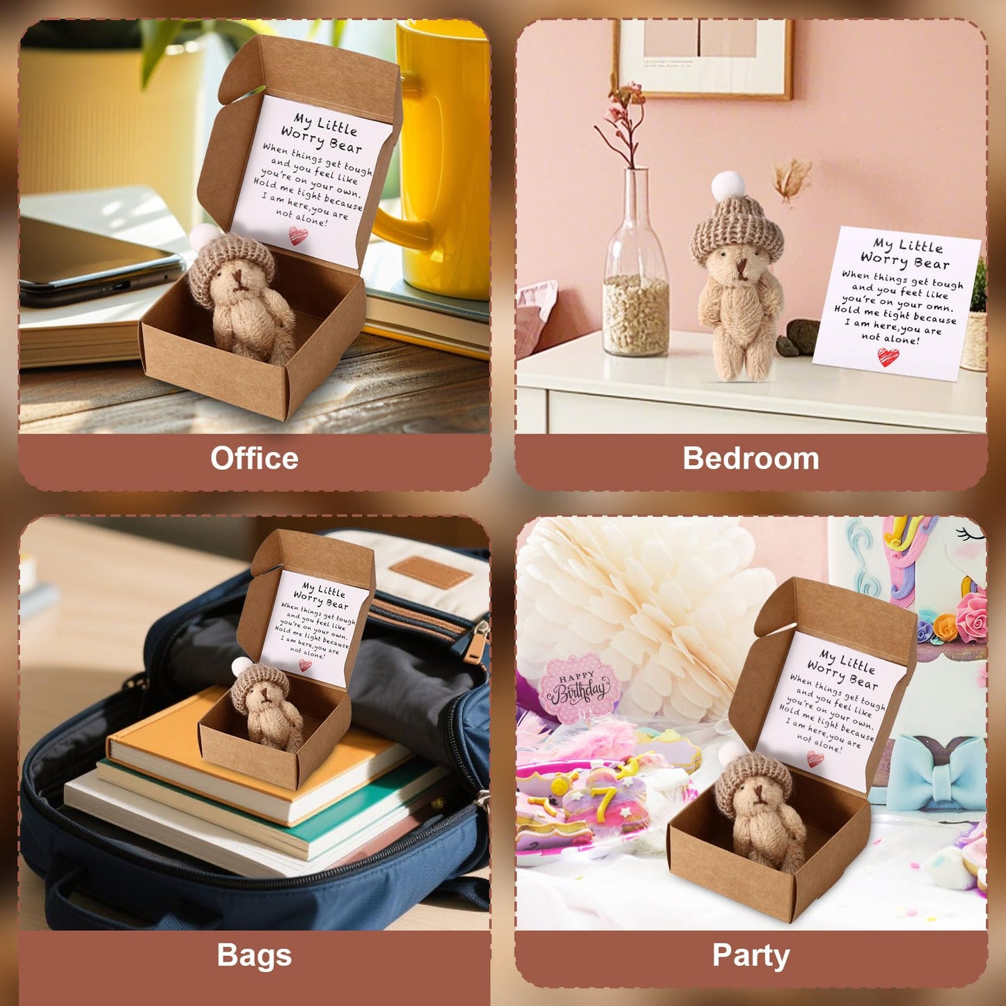 TOYMIS 6 Sets Handmade Mini Plush Bears in Boxes | Worry Bear with Encouragement Cards