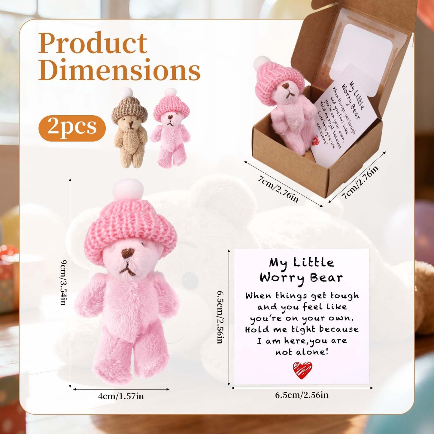 TOYMIS 2 Sets Little Worry Bear in Box with Hat – Plush Pocket Bears with Encouraging Cards (Khaki & Pink)