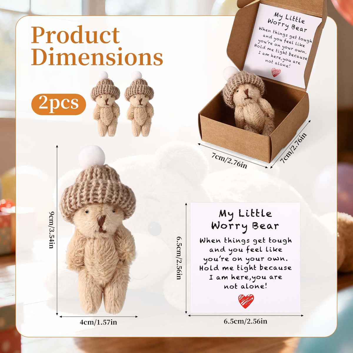 TOYMIS 2 Sets Little Worry Bear in Box with a Hat – Adorable Positive Plush for Desk, Gifts & Decor