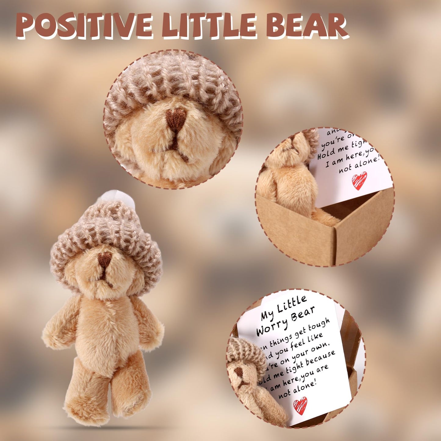 TOYMIS 3 Sets Mini Plush Bears with Inspirational Cards | Pocket Hug Gift Boxes