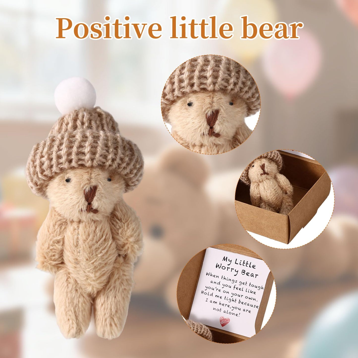 TOYMIS 7 Sets Mini Plush Bear – Handmade Brown Bear in Box with Encouraging Card | Desk Decor Gift