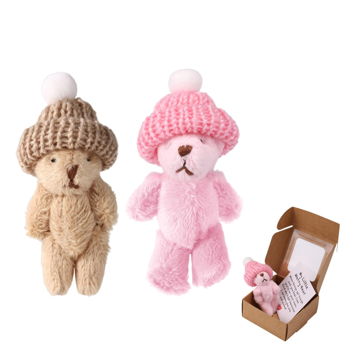 TOYMIS 2 Sets Little Worry Bear in Box with Hat – Plush Pocket Bears with Encouraging Cards (Khaki & Pink)