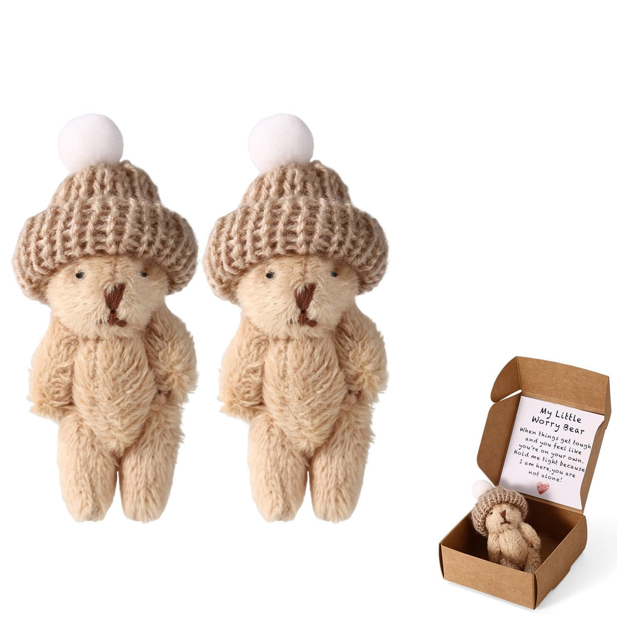 TOYMIS 2 Sets Little Worry Bear in Box with a Hat – Adorable Positive Plush for Desk, Gifts & Decor