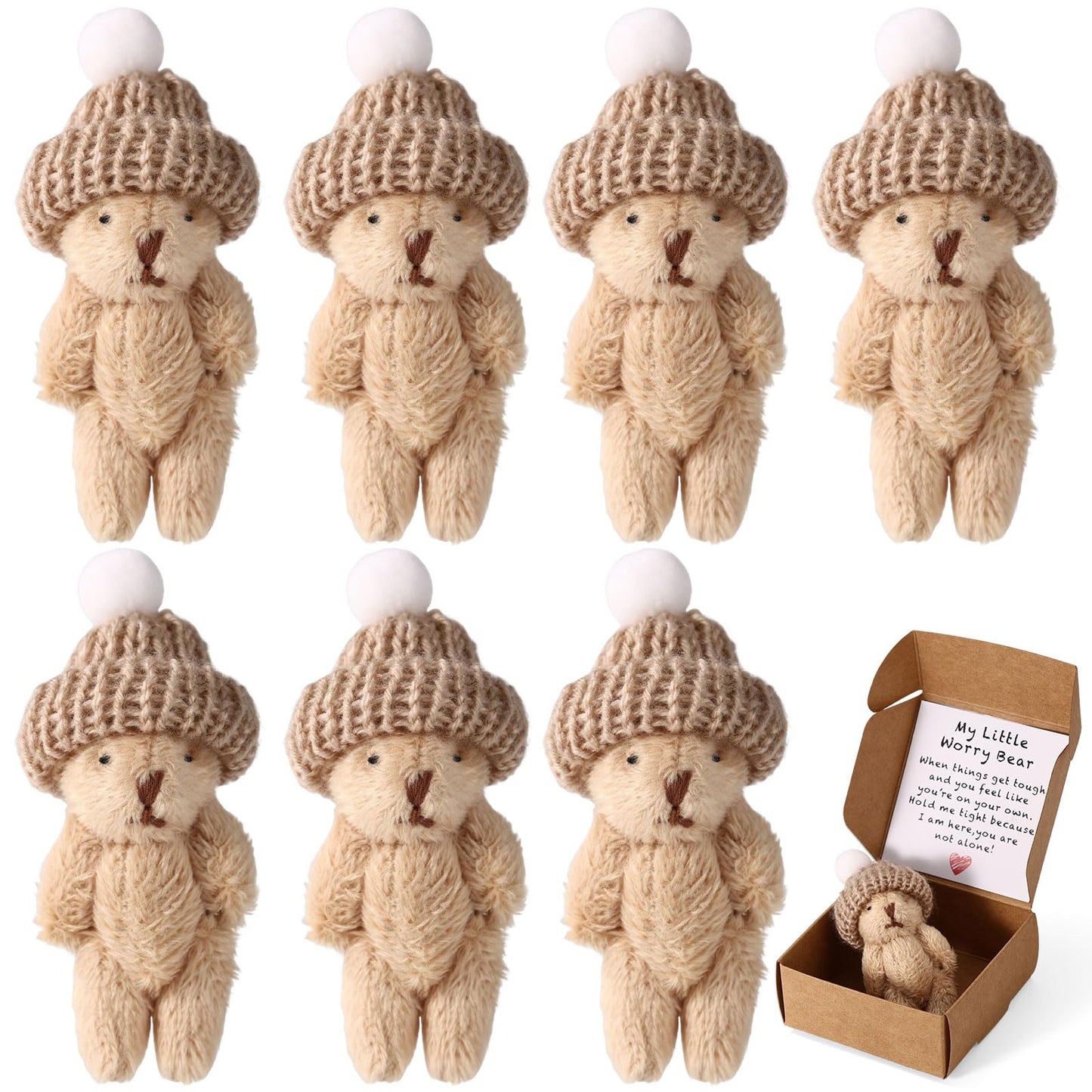 TOYMIS 7 Sets Mini Plush Bear – Handmade Brown Bear in Box with Encouraging Card | Desk Decor Gift