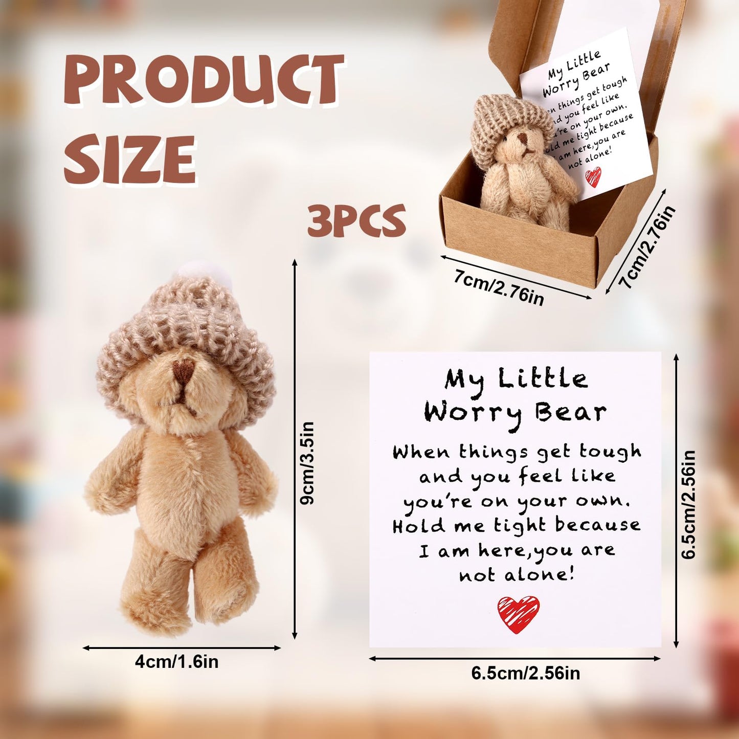 TOYMIS 3 Sets Mini Plush Bears with Inspirational Cards | Pocket Hug Gift Boxes
