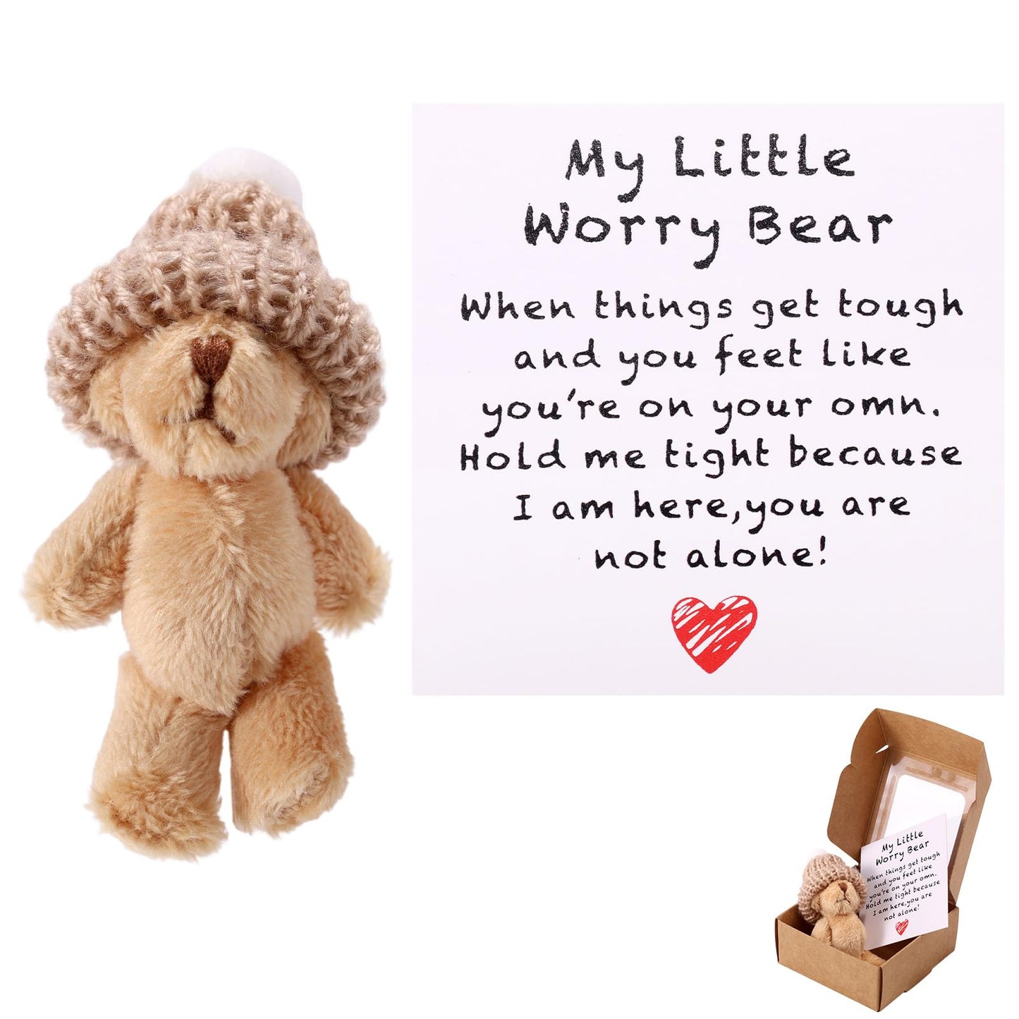 TOYMIS Mini Plush Worry Bear with Hat — Pocket-Sized Encouragement Gift