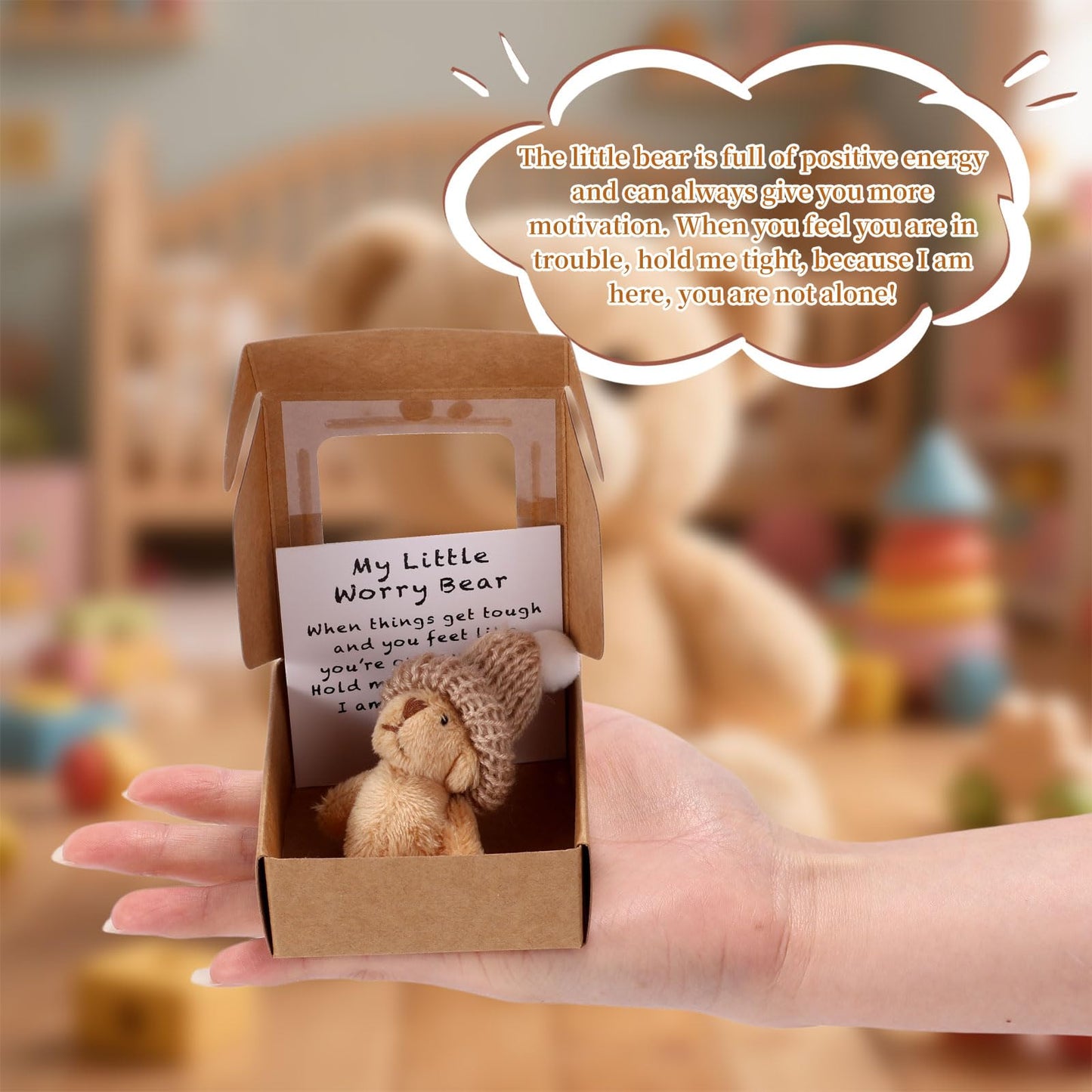 TOYMIS 7 Sets Mini Plush Bear – Handmade Brown Bear in Box with Encouraging Card | Desk Decor Gift