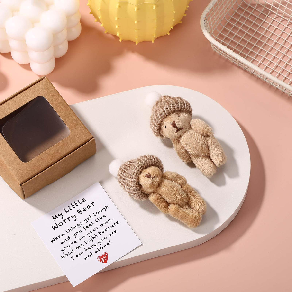 TOYMIS 2 Sets Little Worry Bear in Box with a Hat – Adorable Positive Plush for Desk, Gifts & Decor