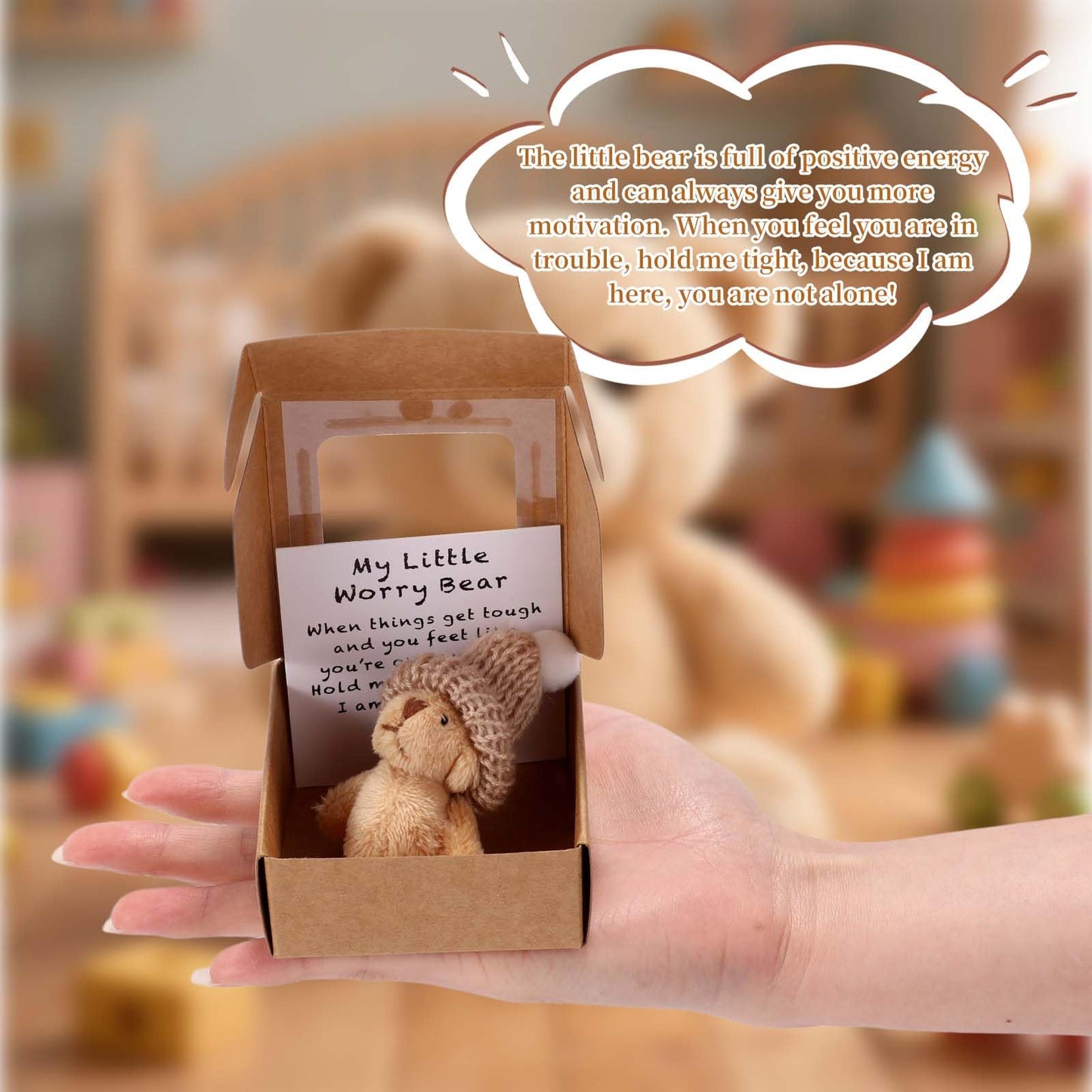 TOYMIS 2 Sets Little Worry Bear in Box with Hat – Plush Pocket Bears with Encouraging Cards (Khaki & Pink)