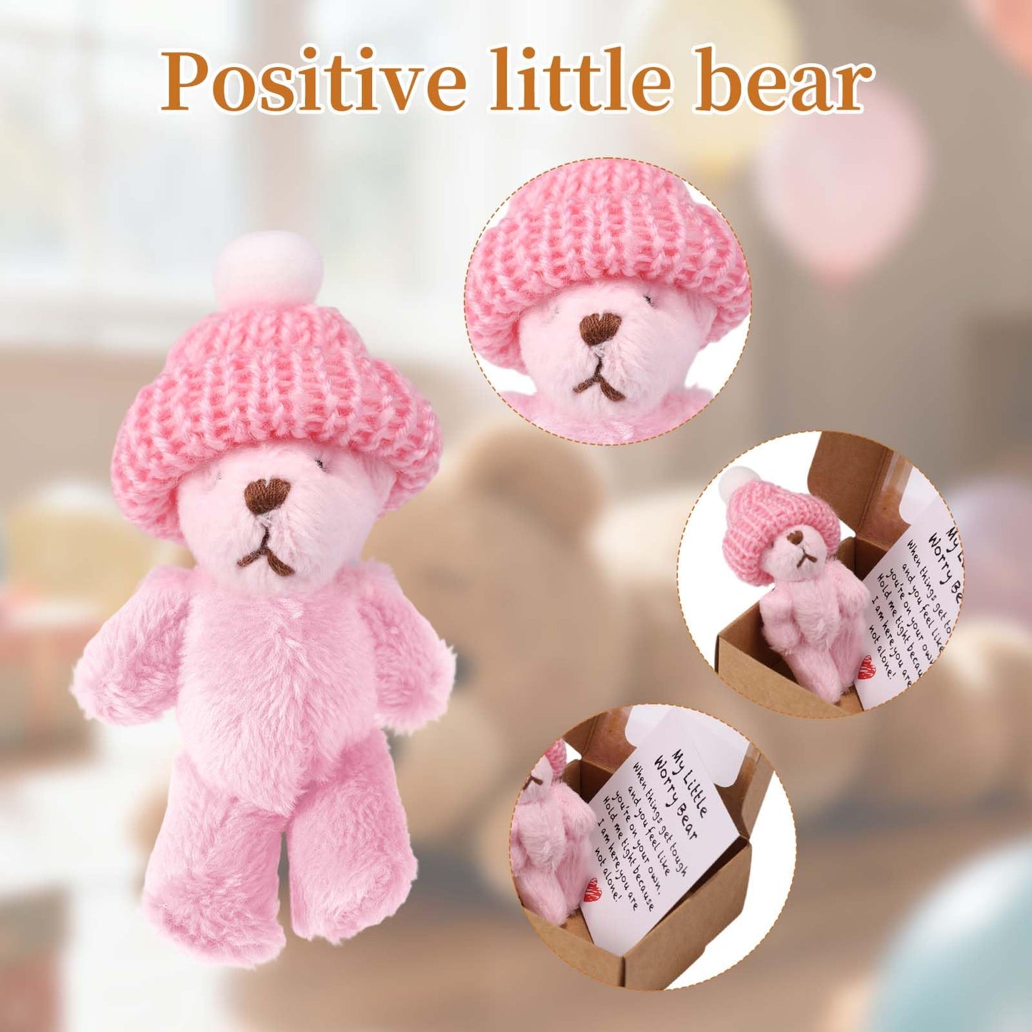 TOYMIS 2 Sets Little Worry Bear in Box with Hat – Plush Pocket Bears with Encouraging Cards (Khaki & Pink)