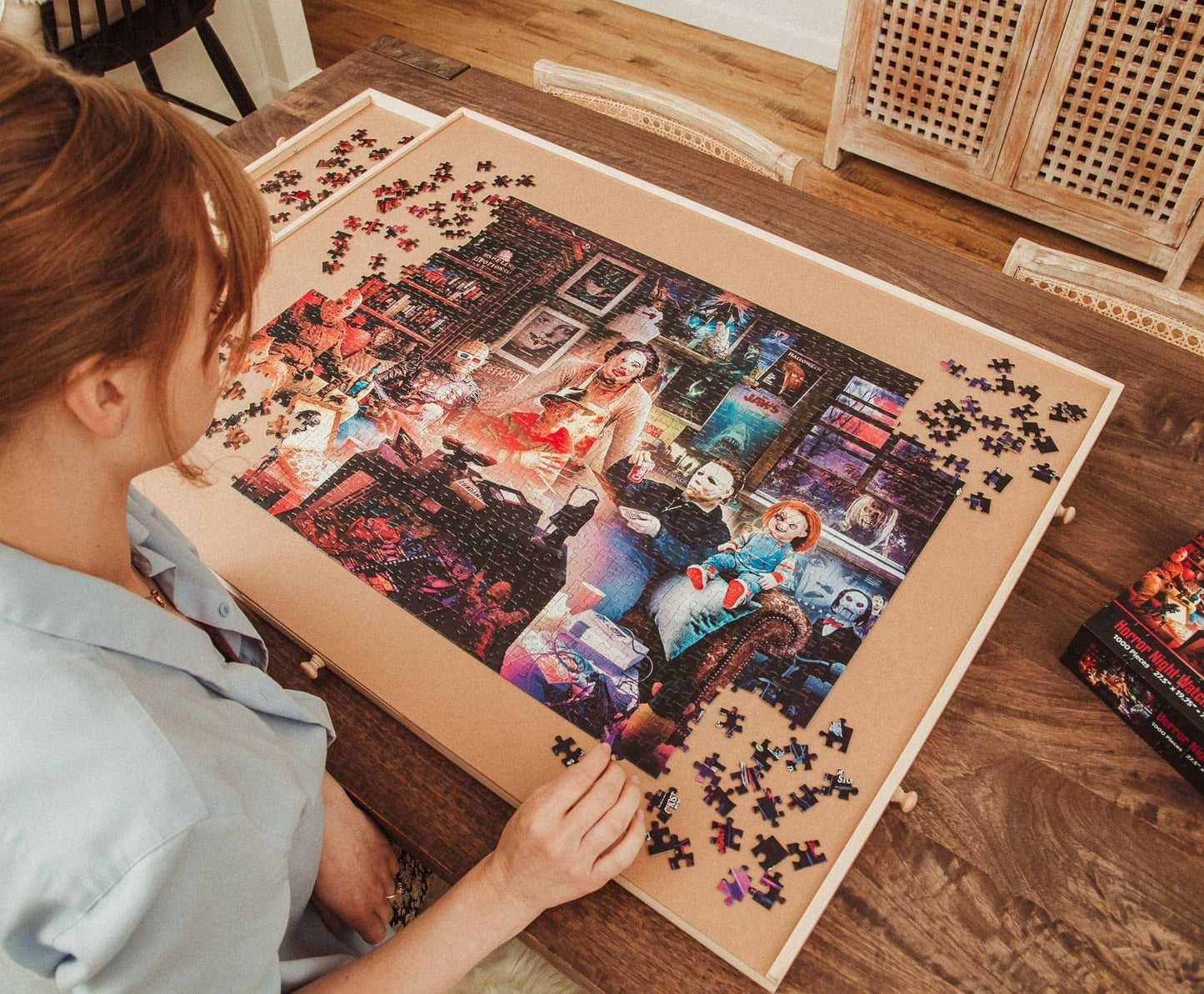 Toynk Horror Night Watch Party 1000-Piece Jigsaw Puzzle by Rachid Lotf | Spooky Movie Icons for Adults, 28 x 20 Inches