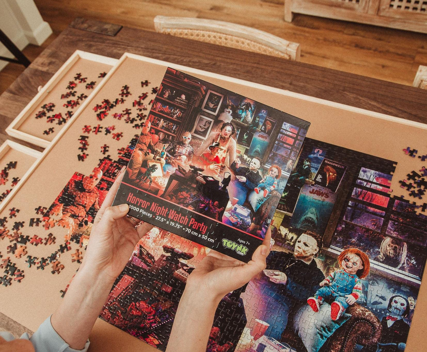 Toynk Horror Night Watch Party 1000-Piece Jigsaw Puzzle by Rachid Lotf | Spooky Movie Icons for Adults, 28 x 20 Inches