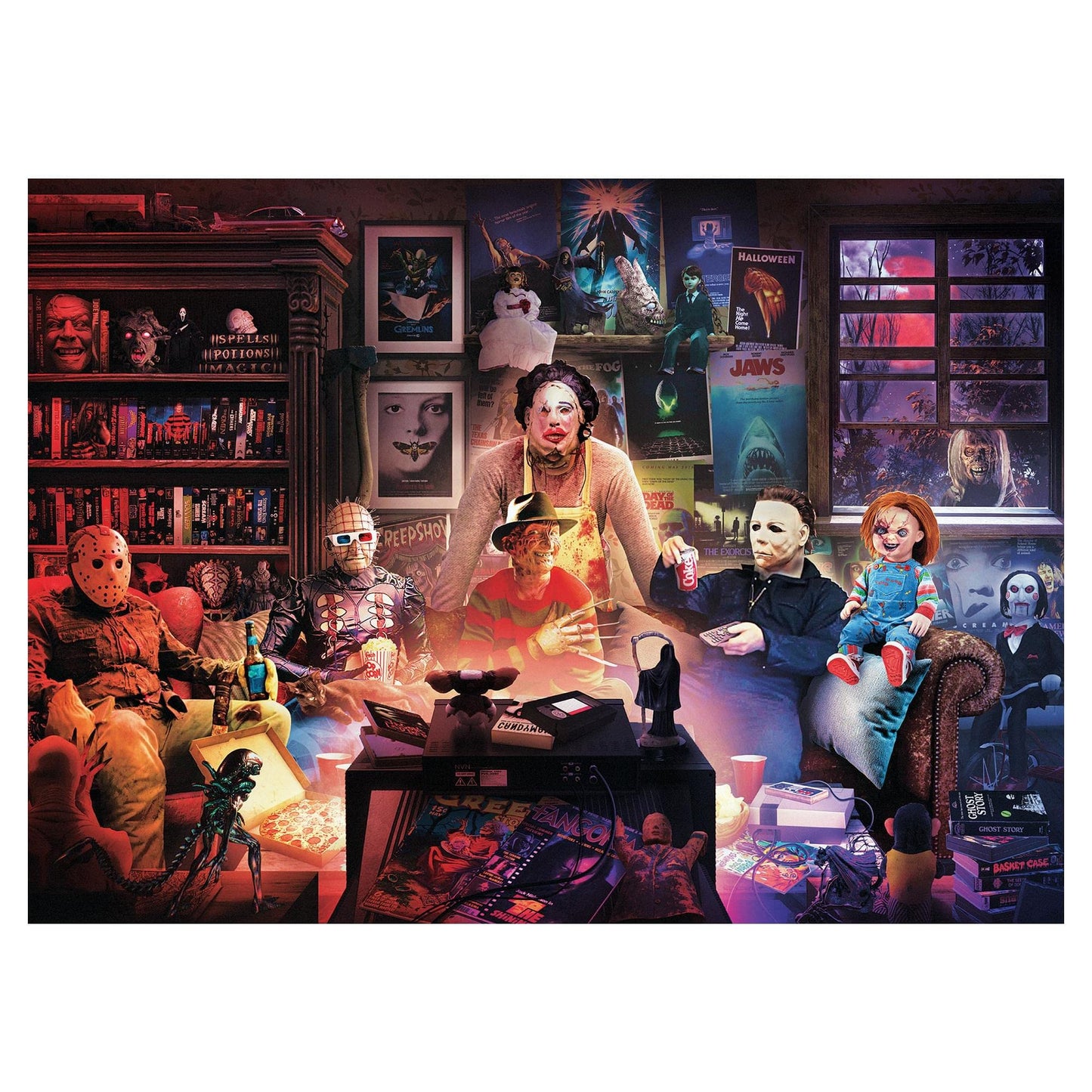 Toynk Horror Night Watch Party 1000-Piece Jigsaw Puzzle by Rachid Lotf | Spooky Movie Icons for Adults, 28 x 20 Inches