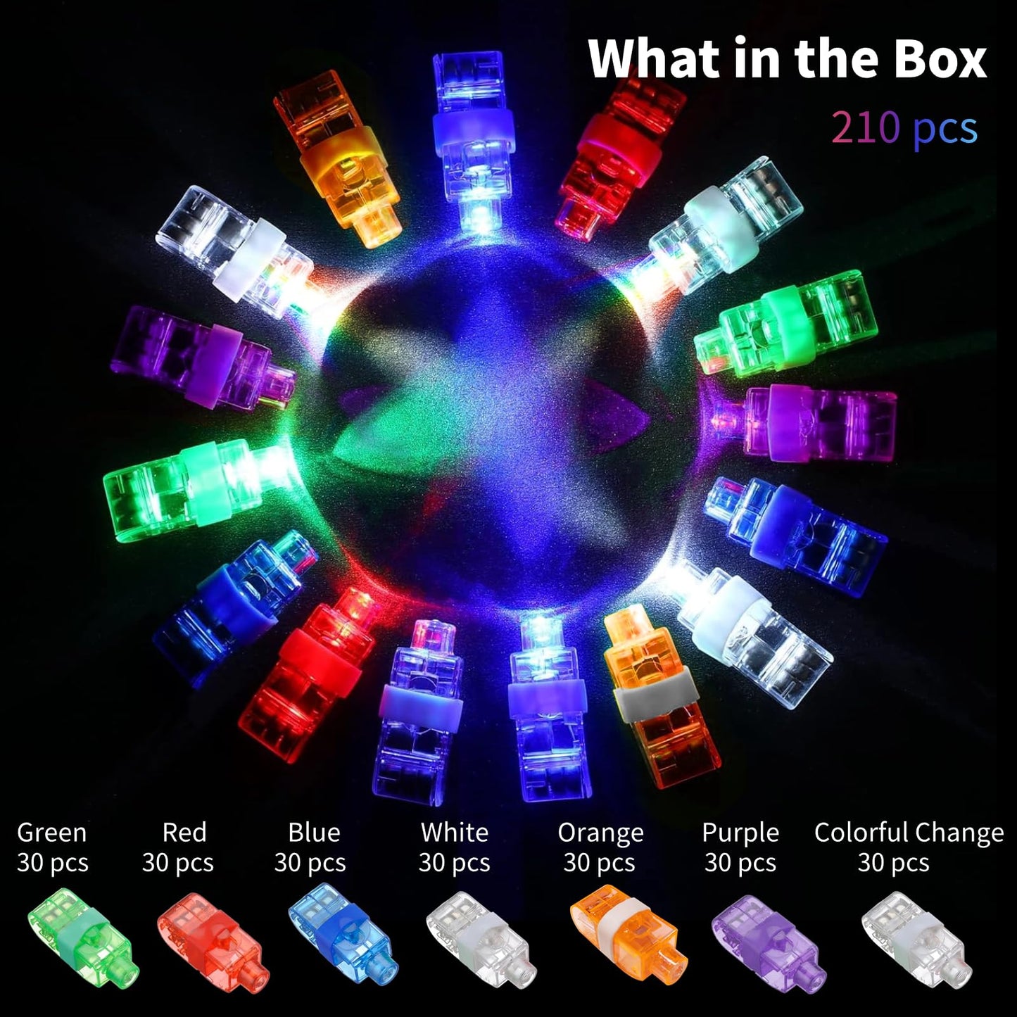 Toyoget 210 Pcs LED Finger Lights – 7 Colors, Battery-Powered Finger Rings for Parties, Raves & Concerts