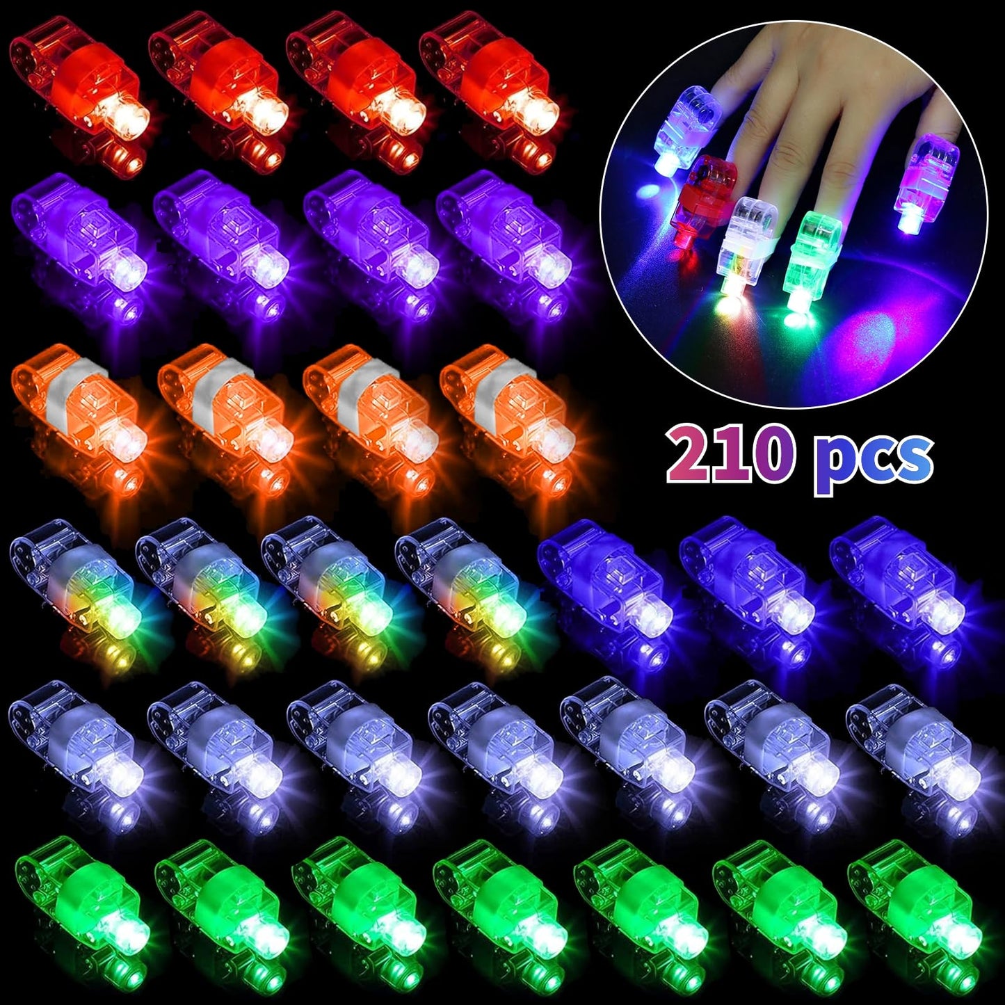 Toyoget 210 Pcs LED Finger Lights – 7 Colors, Battery-Powered Finger Rings for Parties, Raves & Concerts