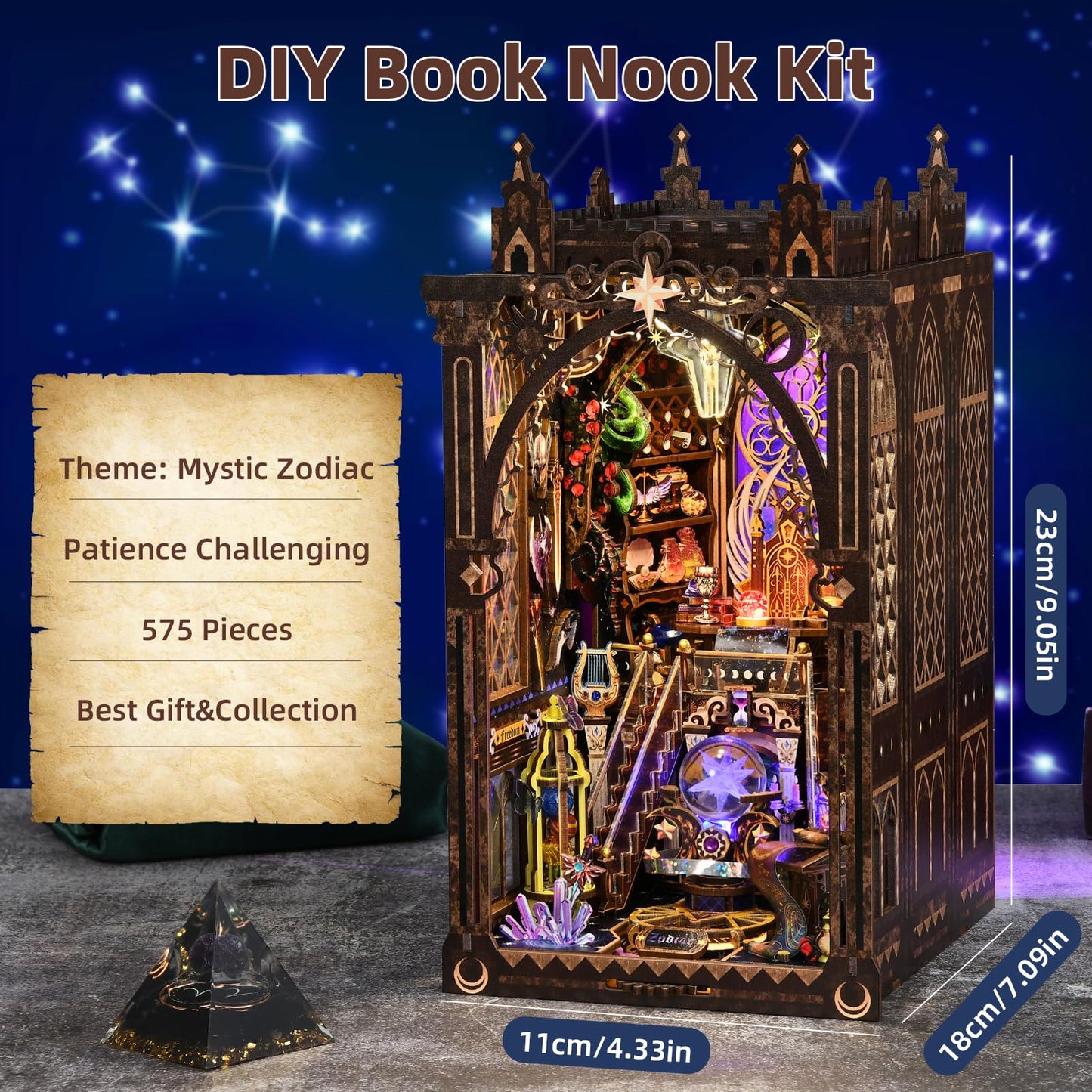 TOYQI Book Nook Kit — DIY 3D Zodiac Dollhouse with LED Light (Divination Fate Destiny, 12 Constellation Signs)