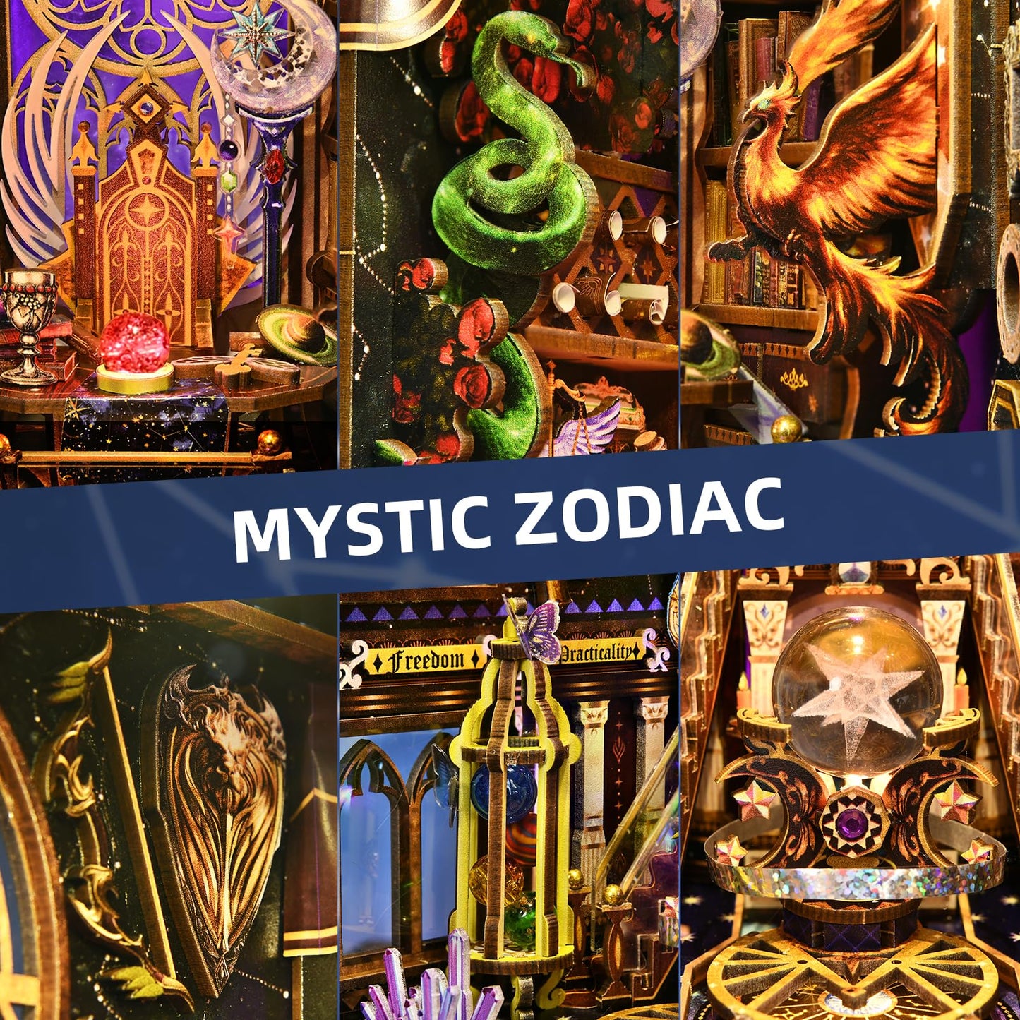 TOYQI Book Nook Kit — DIY 3D Zodiac Dollhouse with LED Light (Divination Fate Destiny, 12 Constellation Signs)
