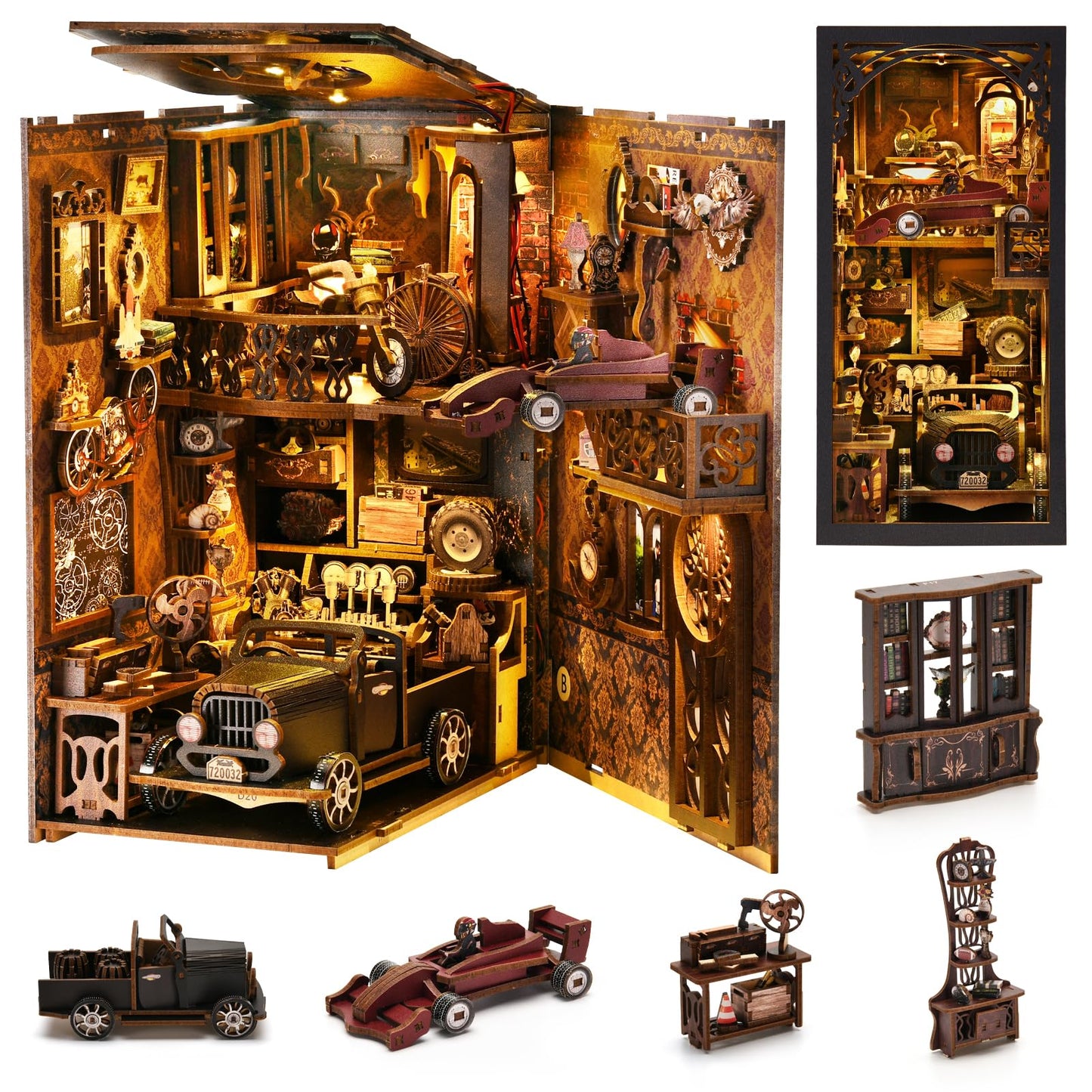 TOYQI Book Nook Kit – DIY 3D Miniature Garage with LED Light