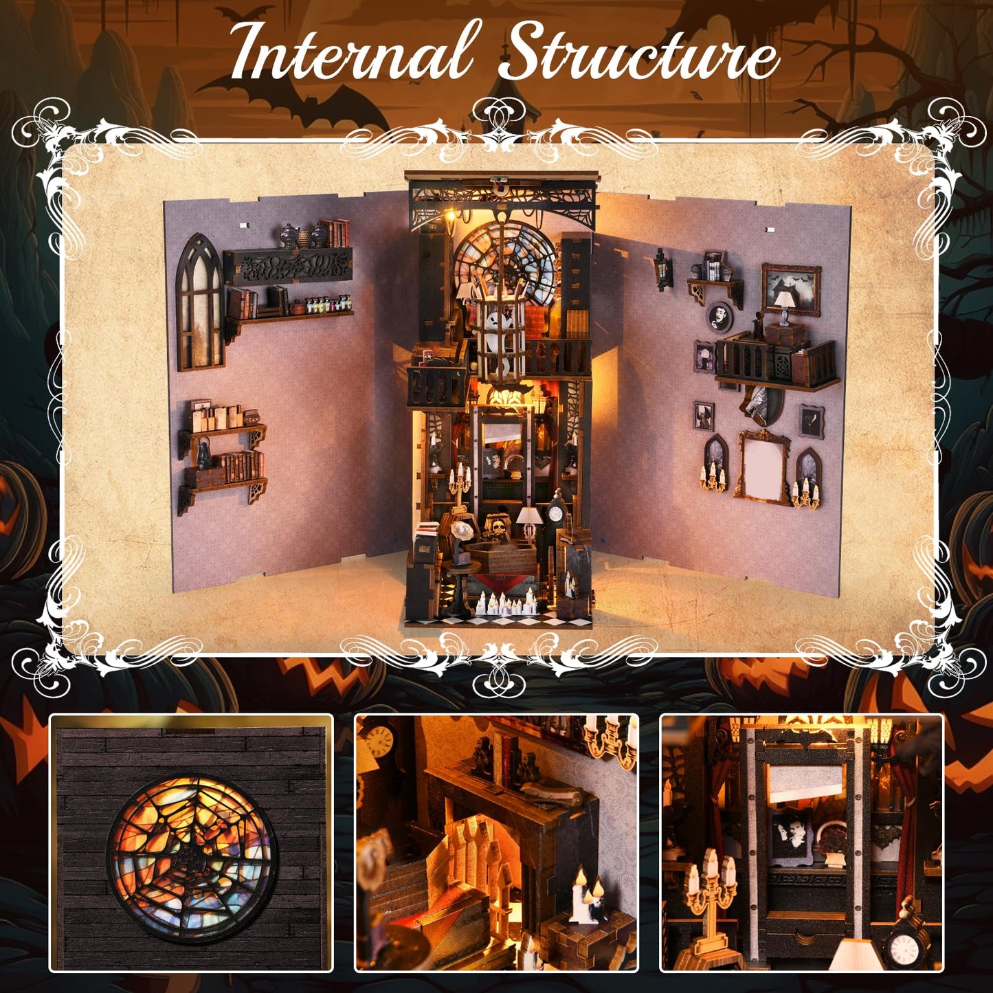 TOYQI DIY Book Nook Kit – Spooky Gothic Miniature House for Adults & Teens, 3D Puzzle with LED Light and Dust Cover