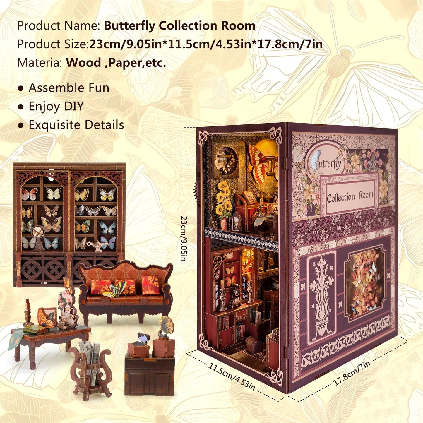 TOYQI DIY Book Nook Kit – Butterfly Themed Mini Dollhouse with LED Lights for Adults & Teens