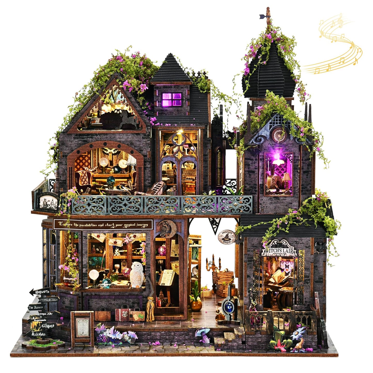 TOYQI Miniature Dollhouse Kit – Magic Castle Book Nook with LED Lights & Music Box