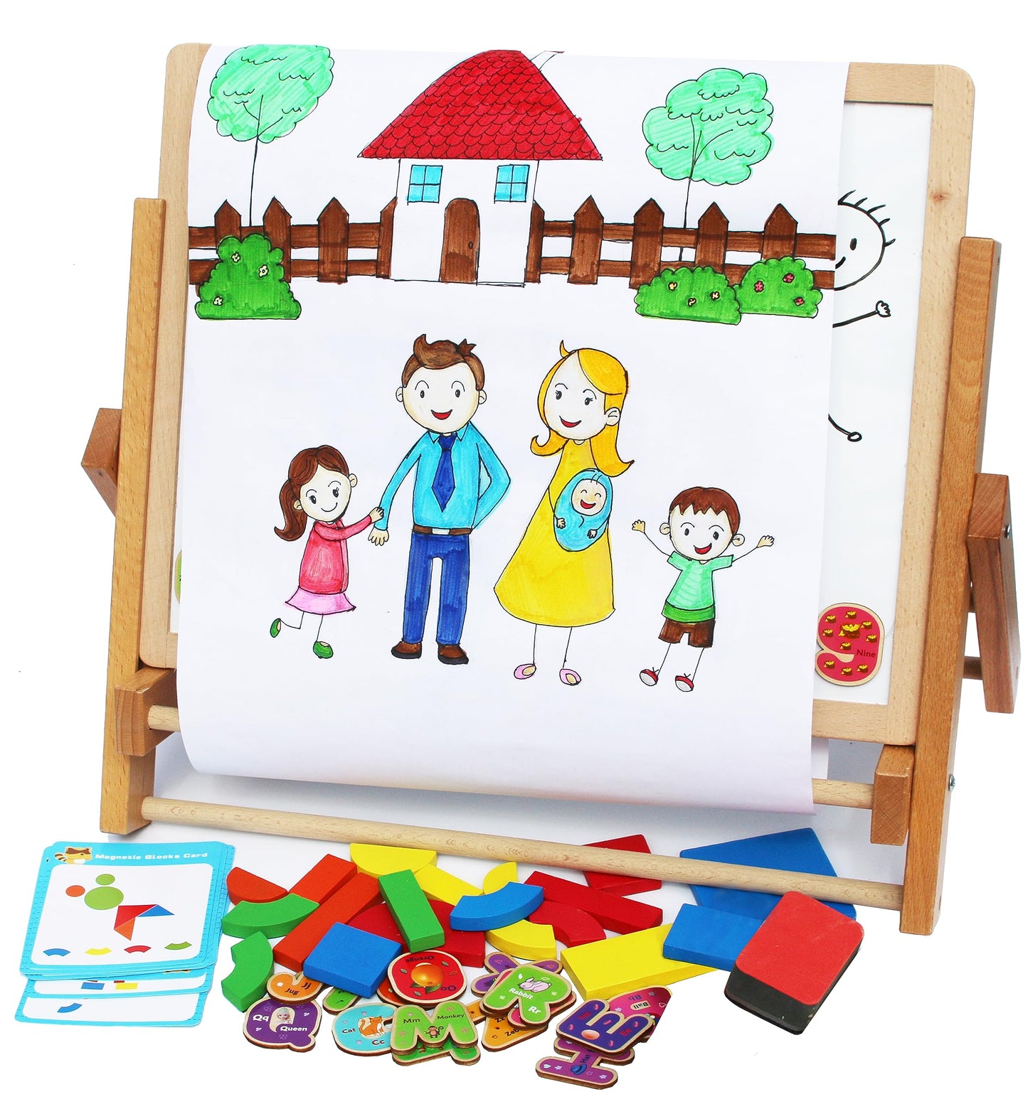 Toys of Wood Oxford TOWO Wooden Easel – Foldable Double-Sided Magnetic Board with Shapes, Letters & Numbers