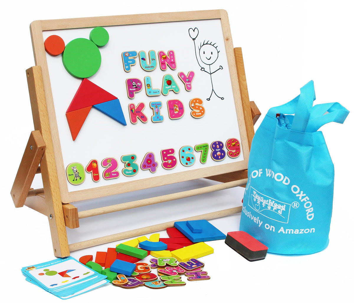 Toys of Wood Oxford TOWO Wooden Easel – Foldable Double-Sided Magnetic Board with Shapes, Letters & Numbers