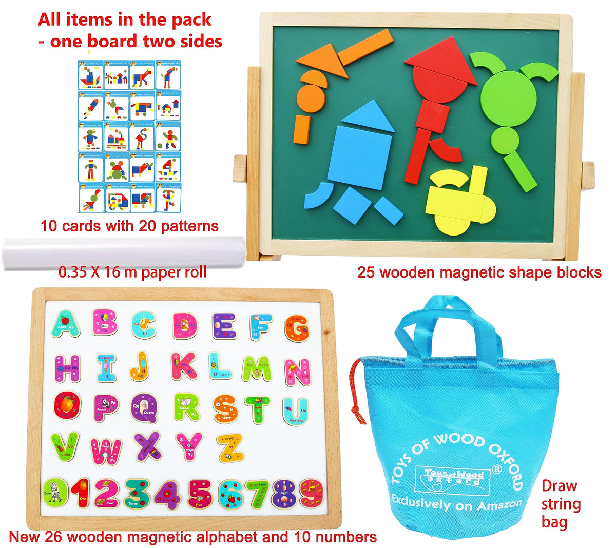 Toys of Wood Oxford TOWO Wooden Easel – Foldable Double-Sided Magnetic Board with Shapes, Letters & Numbers