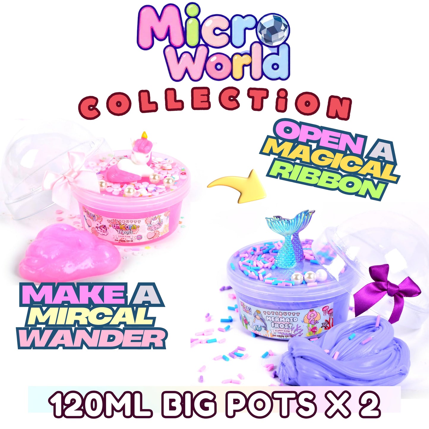 ToysButty Finoclay Butter Slime Kit – Unicorn & Mermaid Theme, 2x 120ml Slimes + 6 Add-Ins