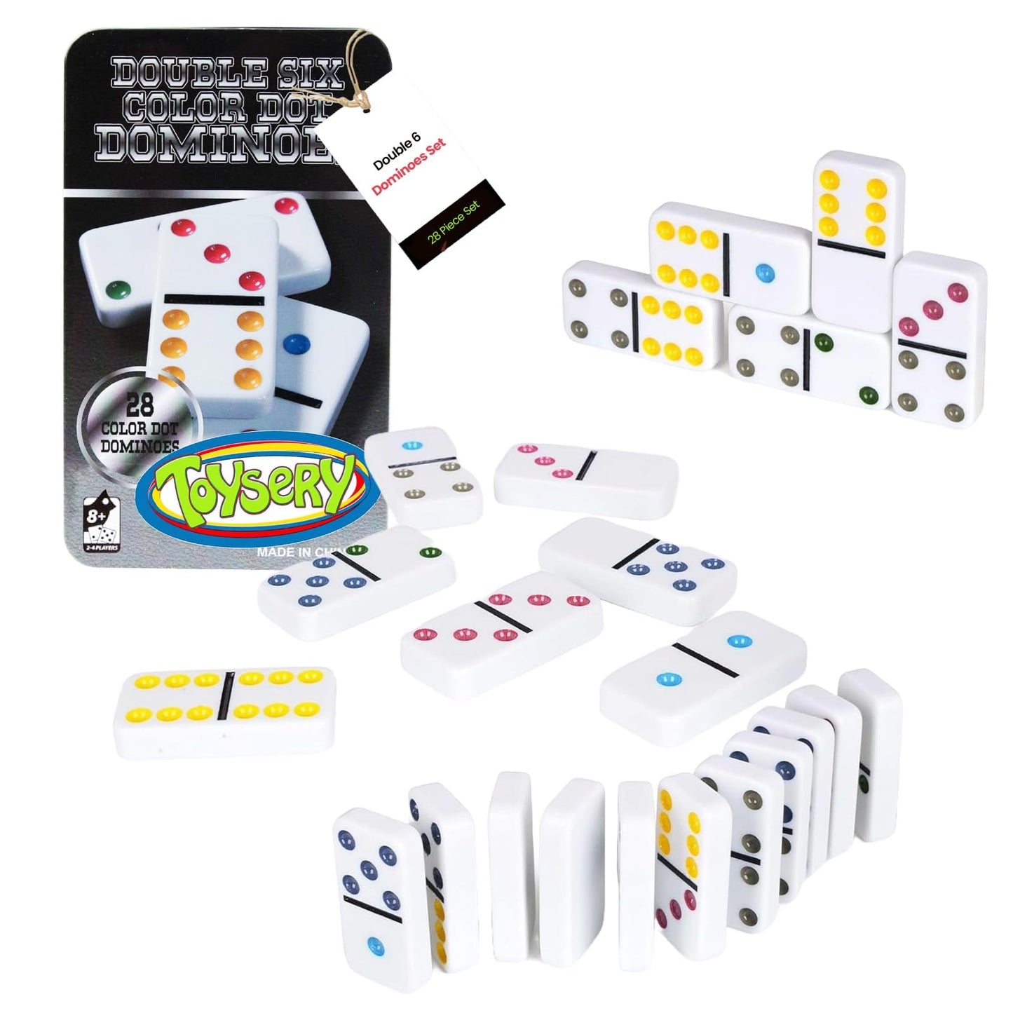 Toysery Double 6 Dominoes Set with Colored Dots – 28-Piece Family Educational Dominoes in Tin Case