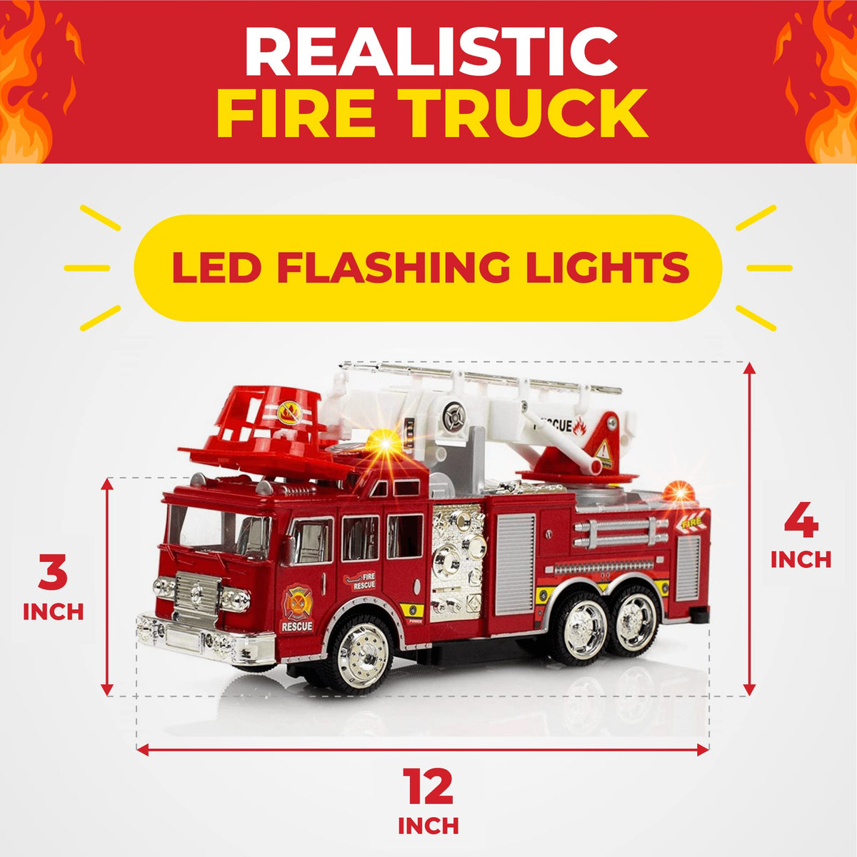 Toysery Fire Truck Toy with Lights & Siren – Extendable Ladder, Bump‑and‑Go for Kids 3–7