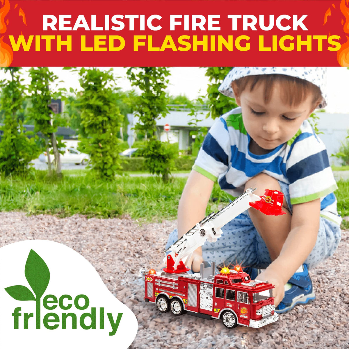 Toysery Fire Truck Toy with Lights & Siren – Extendable Ladder, Bump‑and‑Go for Kids 3–7