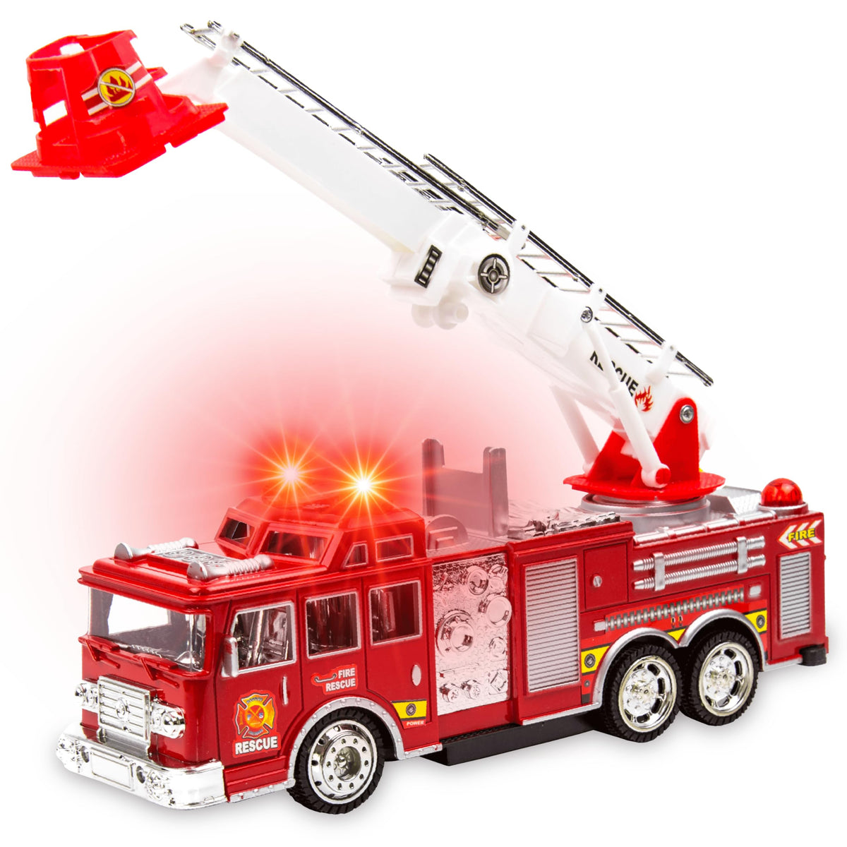 Toysery Fire Truck Toy with Lights & Siren – Extendable Ladder, Bump‑and‑Go for Kids 3–7