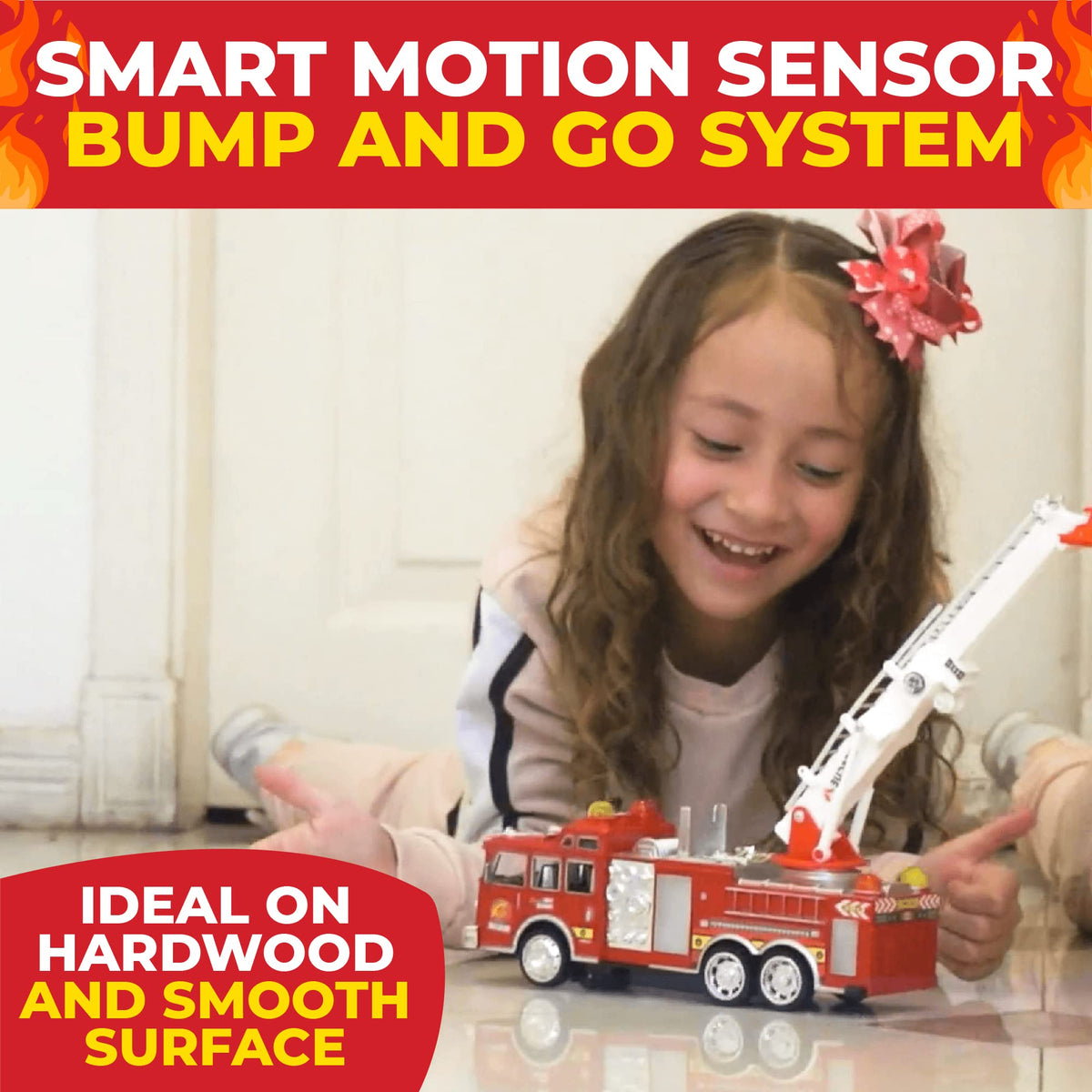 Toysery Fire Truck Toy with Lights & Siren – Extendable Ladder, Bump‑and‑Go for Kids 3–7