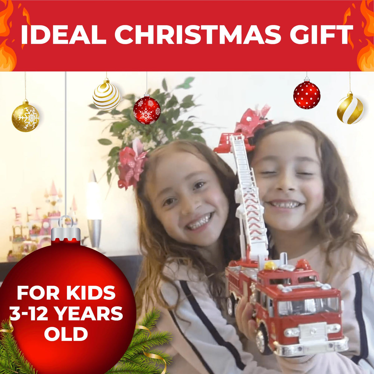 Toysery Fire Truck Toy with Lights & Siren – Extendable Ladder, Bump‑and‑Go for Kids 3–7