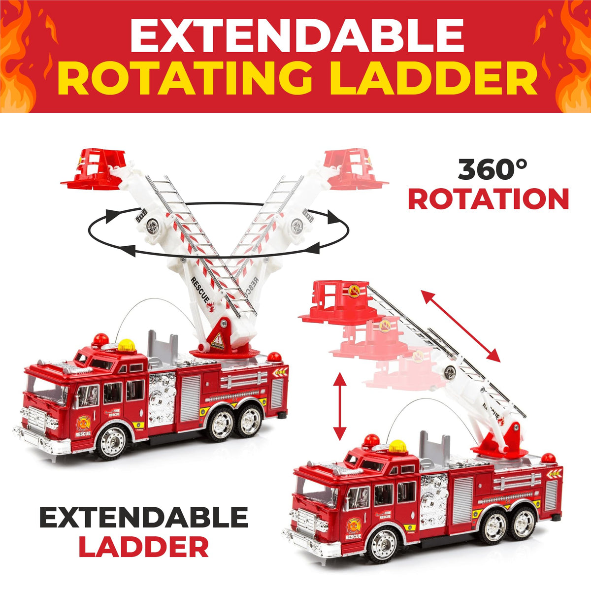 Toysery Fire Truck Toy with Lights & Siren – Extendable Ladder, Bump‑and‑Go for Kids 3–7