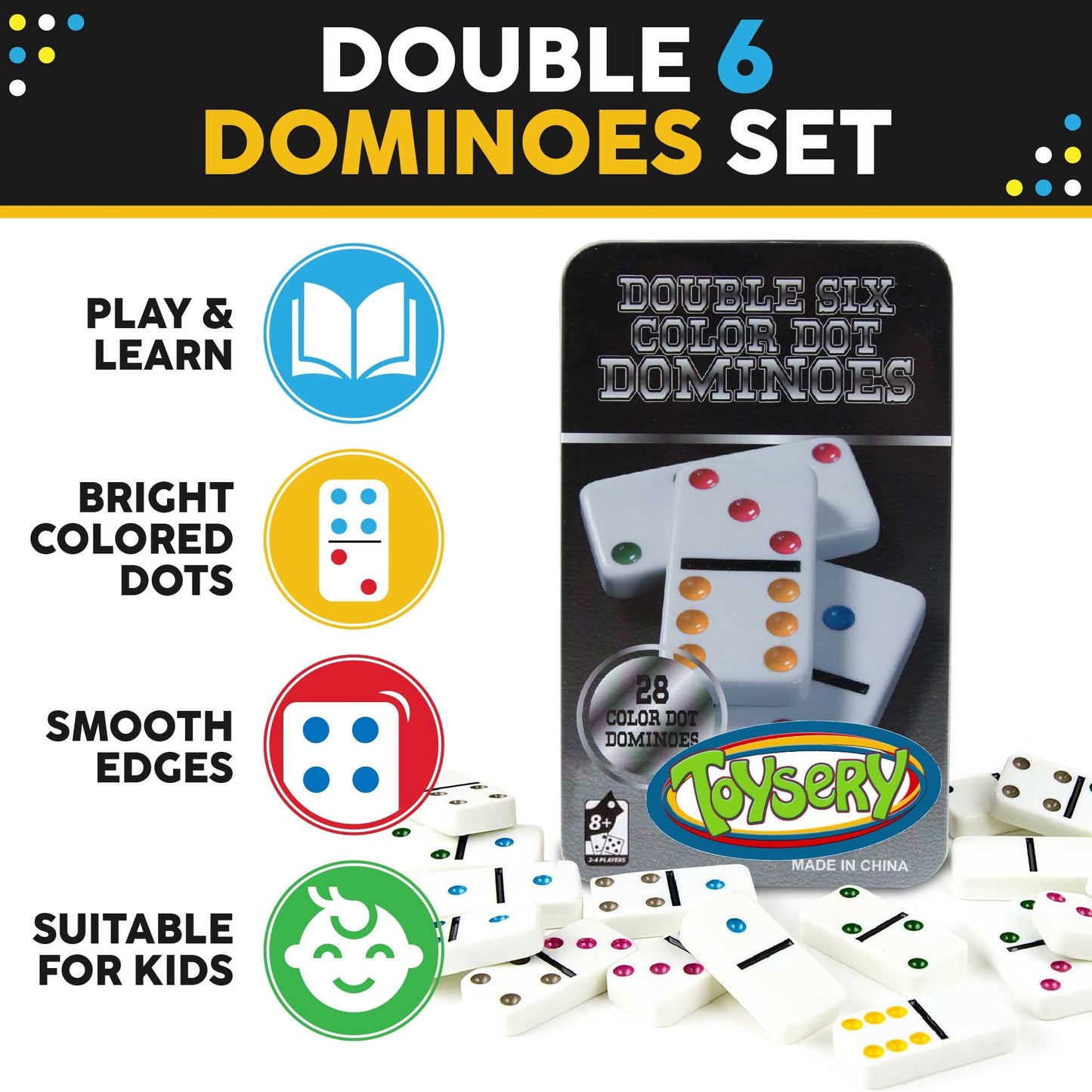 Toysery Double 6 Dominoes Set with Colored Dots – 28-Piece Family Educational Dominoes in Tin Case