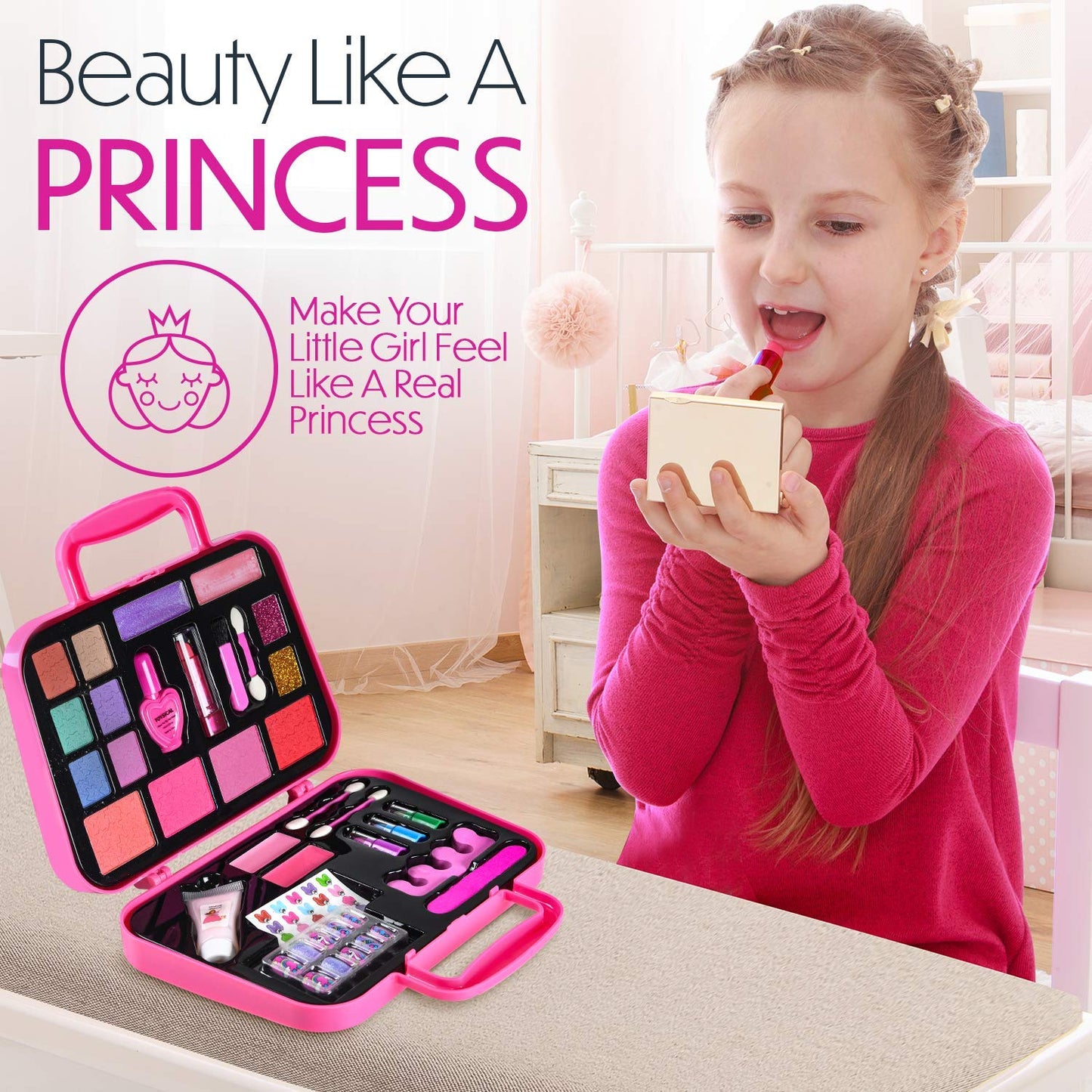 Toysical Princess Kids Makeup Kit for Girls – Non-Toxic, Washable Real Makeup with Remover | Pretend Play Gift for Ages 3–10