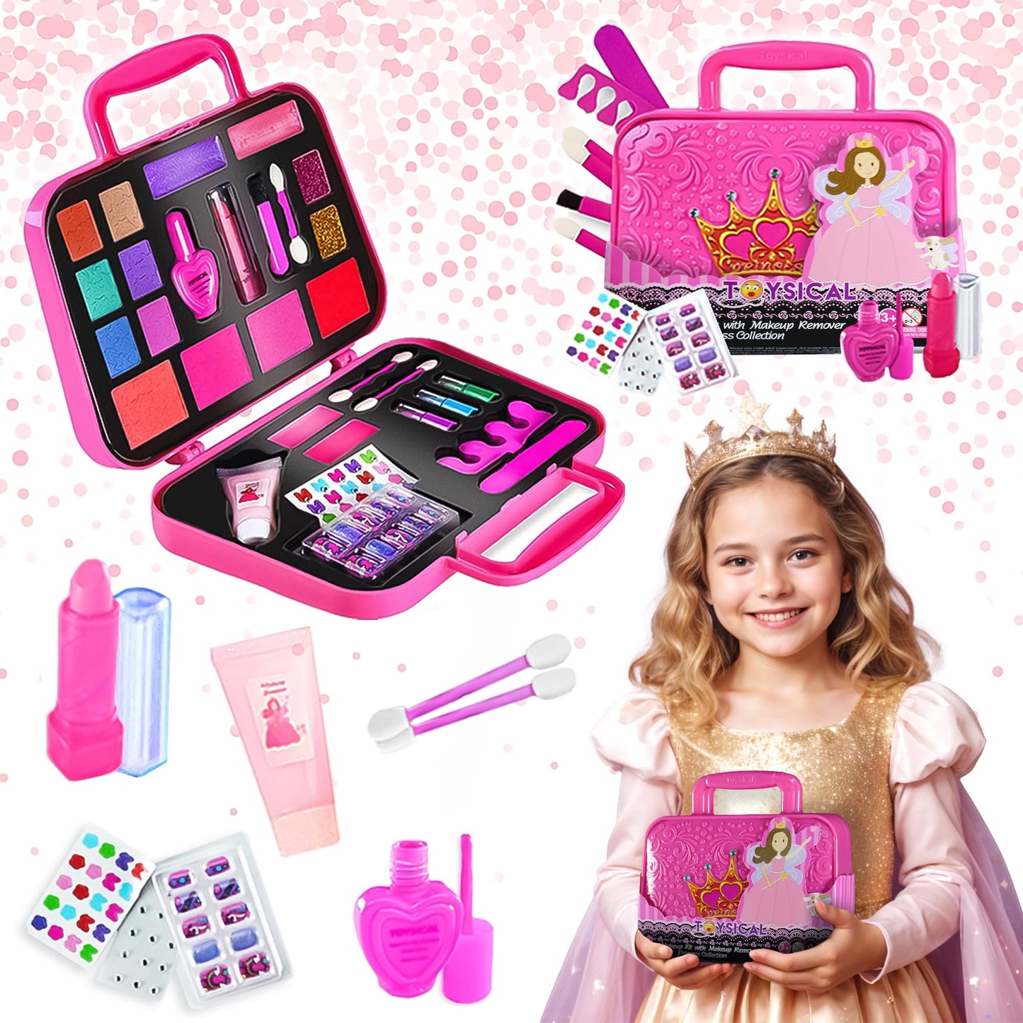 Toysical Princess Kids Makeup Kit for Girls – Non-Toxic, Washable Real Makeup with Remover | Pretend Play Gift for Ages 3–10