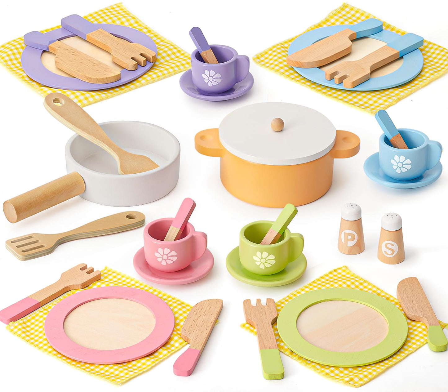 Toyssa 34-Piece Wooden Play Dishes & Kitchen Set – Montessori Pretend Cooking Toys for Kids 3-6
