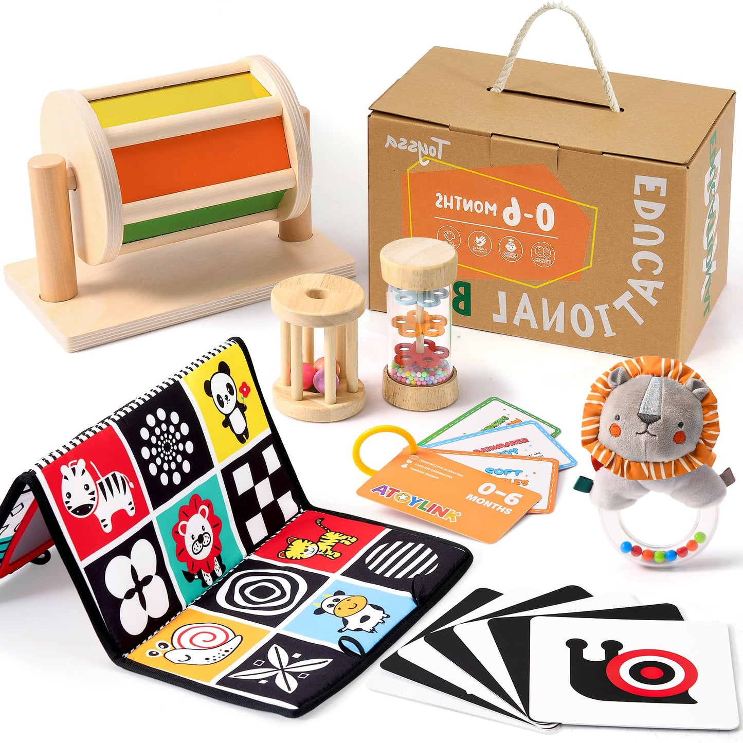 Toyssa 6-in-1 Wooden Montessori Baby Toy for 0-6 Months | Sensory Spin Drum, Mirror, Rattle & Flash Cards