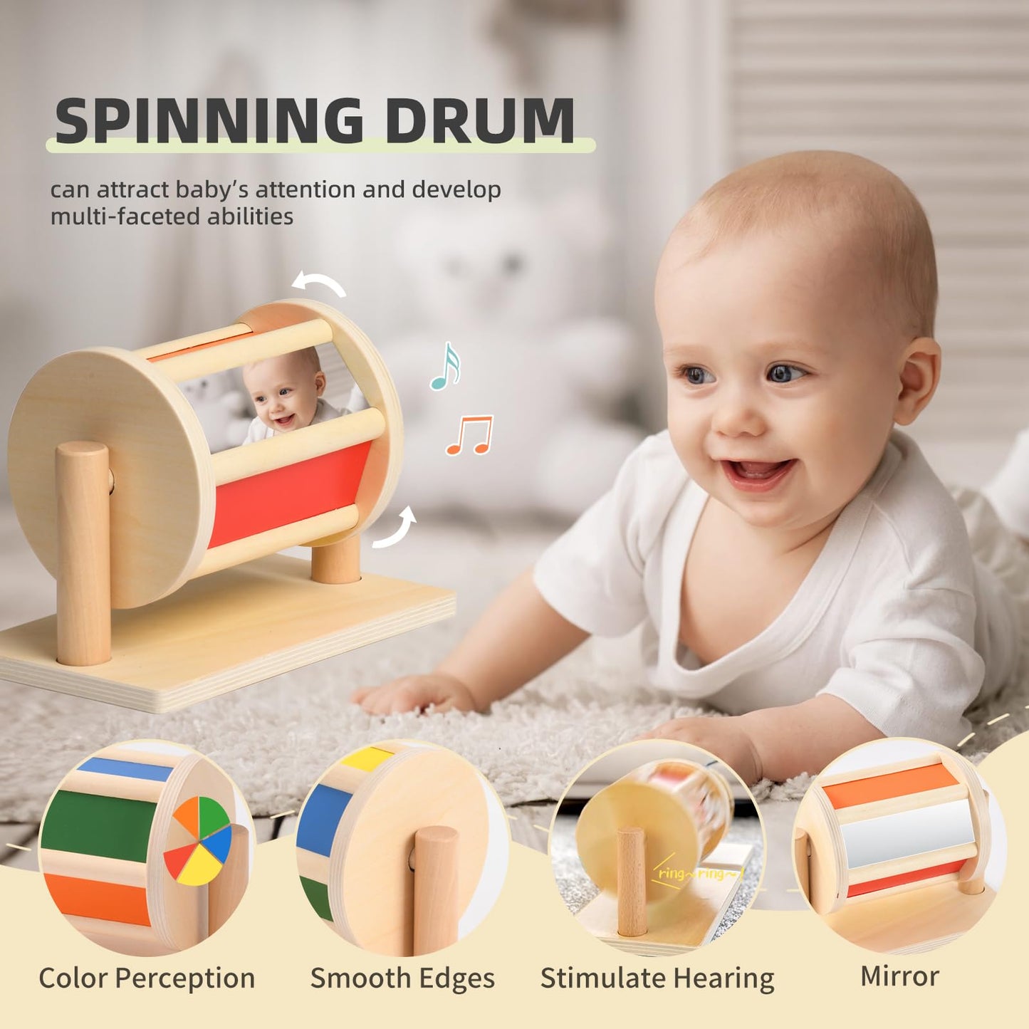 Toyssa 6-in-1 Wooden Montessori Baby Toy for 0-6 Months | Sensory Spin Drum, Mirror, Rattle & Flash Cards