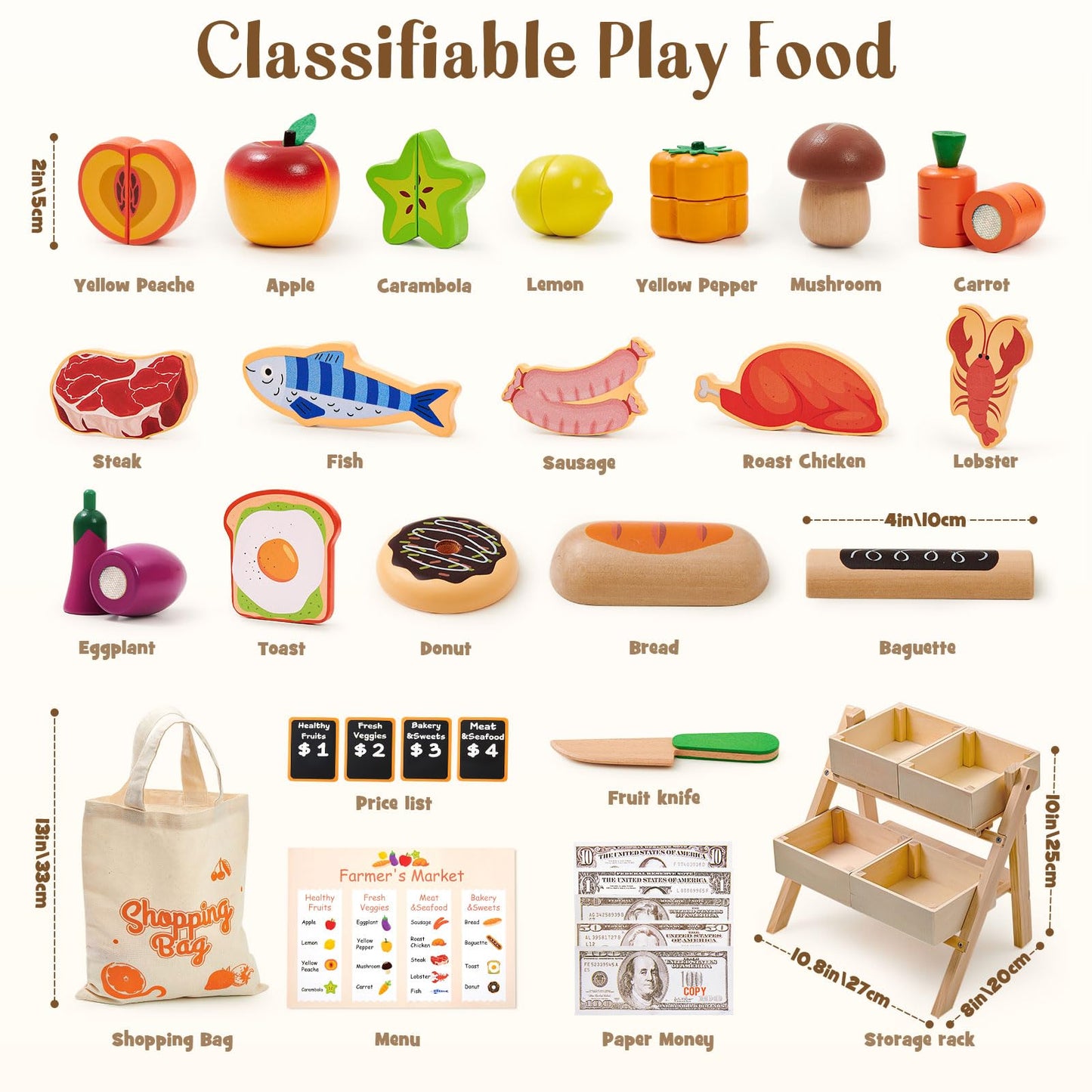 Toyssa 40+ Pcs Wooden Play Food Set with Shelf & Accessories – Pretend Grocery for Kids 3–7