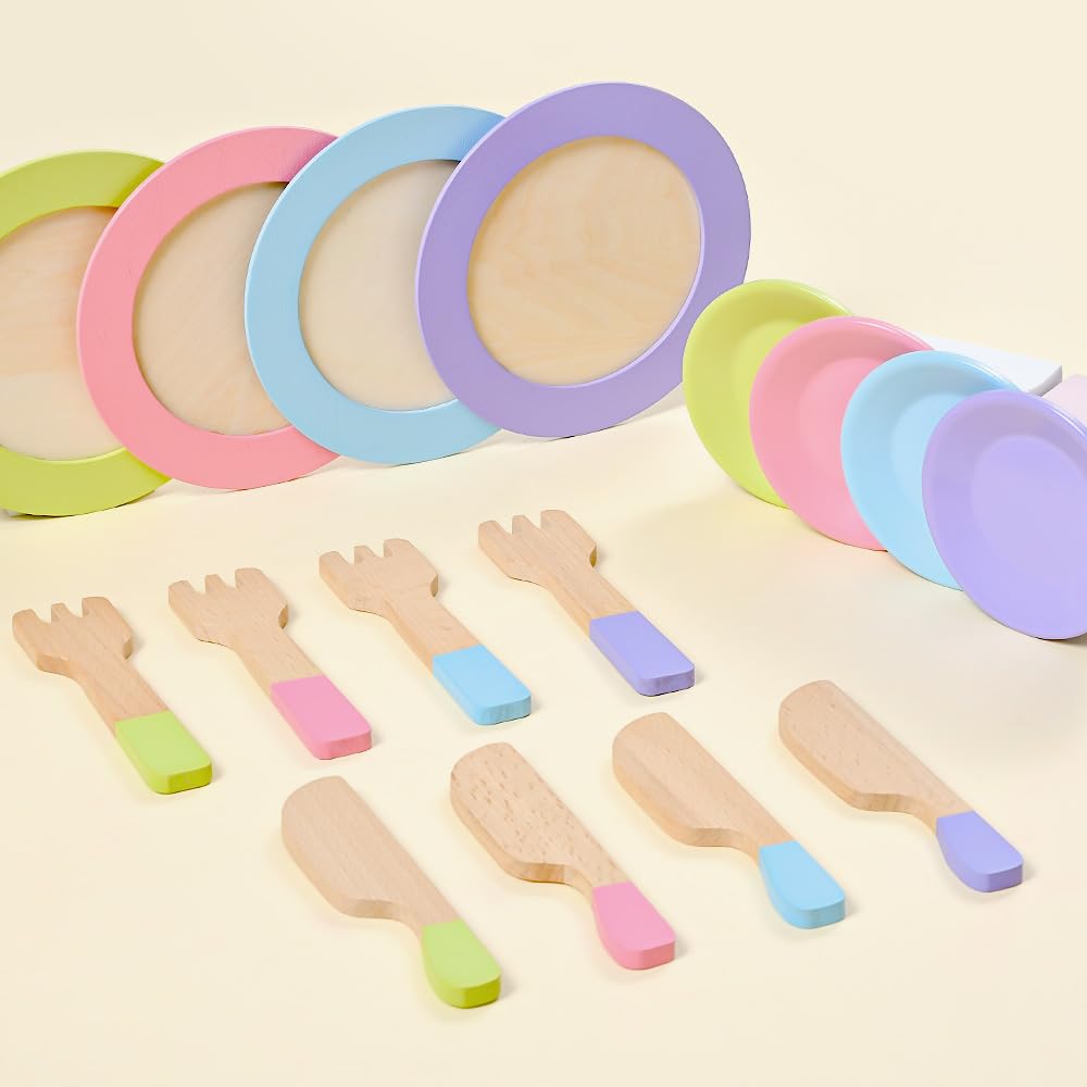 Toyssa 34-Piece Wooden Play Dishes & Kitchen Set – Montessori Pretend Cooking Toys for Kids 3-6